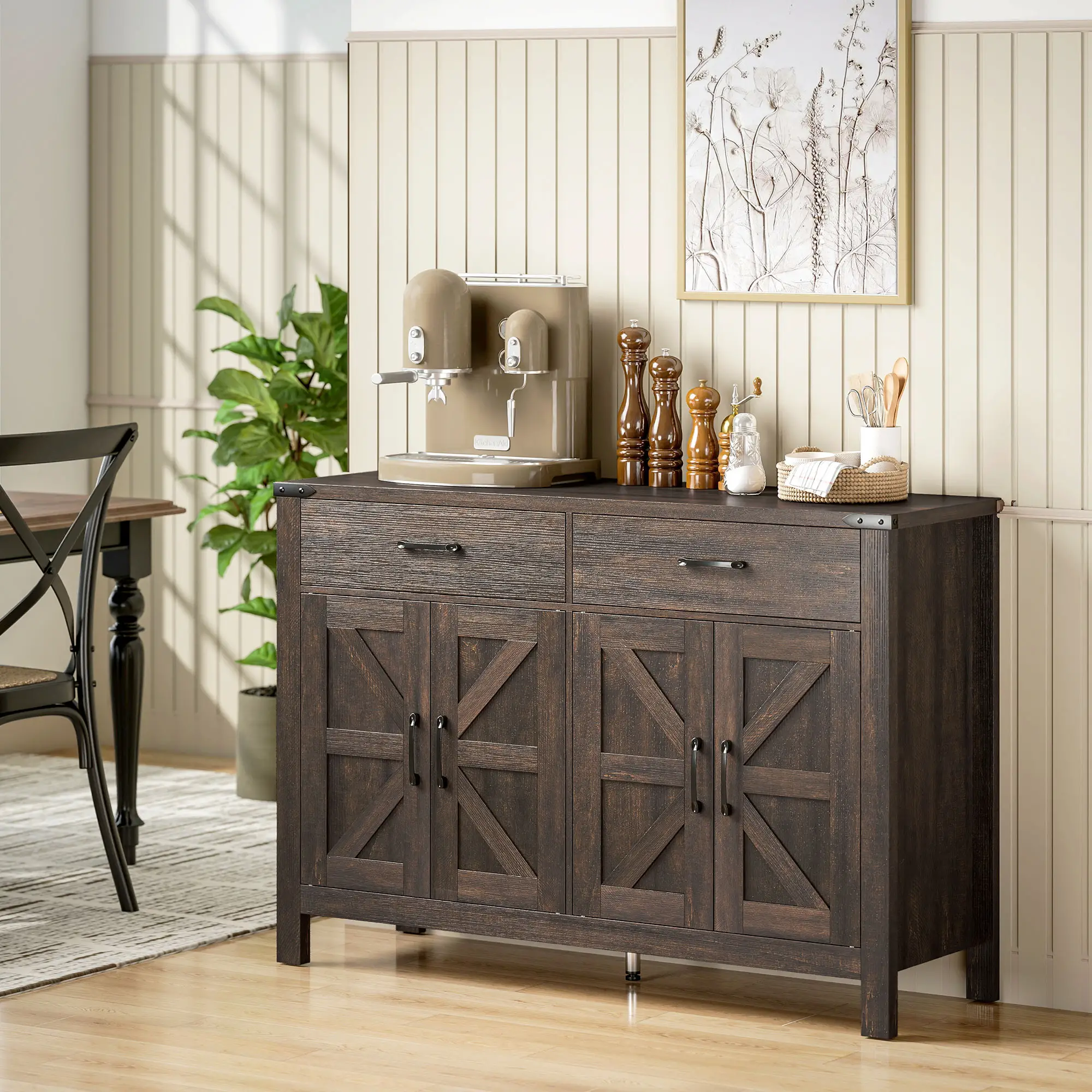 Sideboard Buffet Cabinet, Farmhouse Kitchen Storage, 2 Drawers and Shelves - Image 2