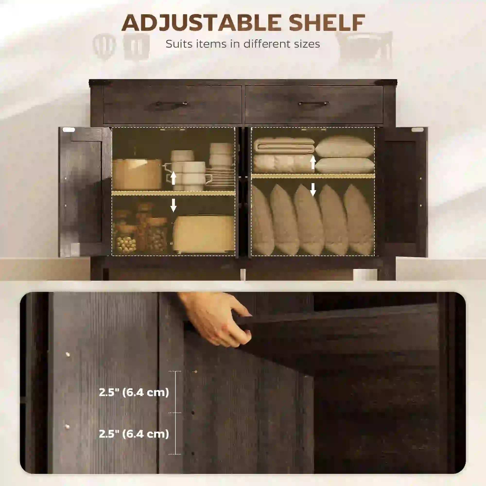 Sideboard Buffet Cabinet, Farmhouse Kitchen Storage, 2 Drawers and Shelves - Image 5