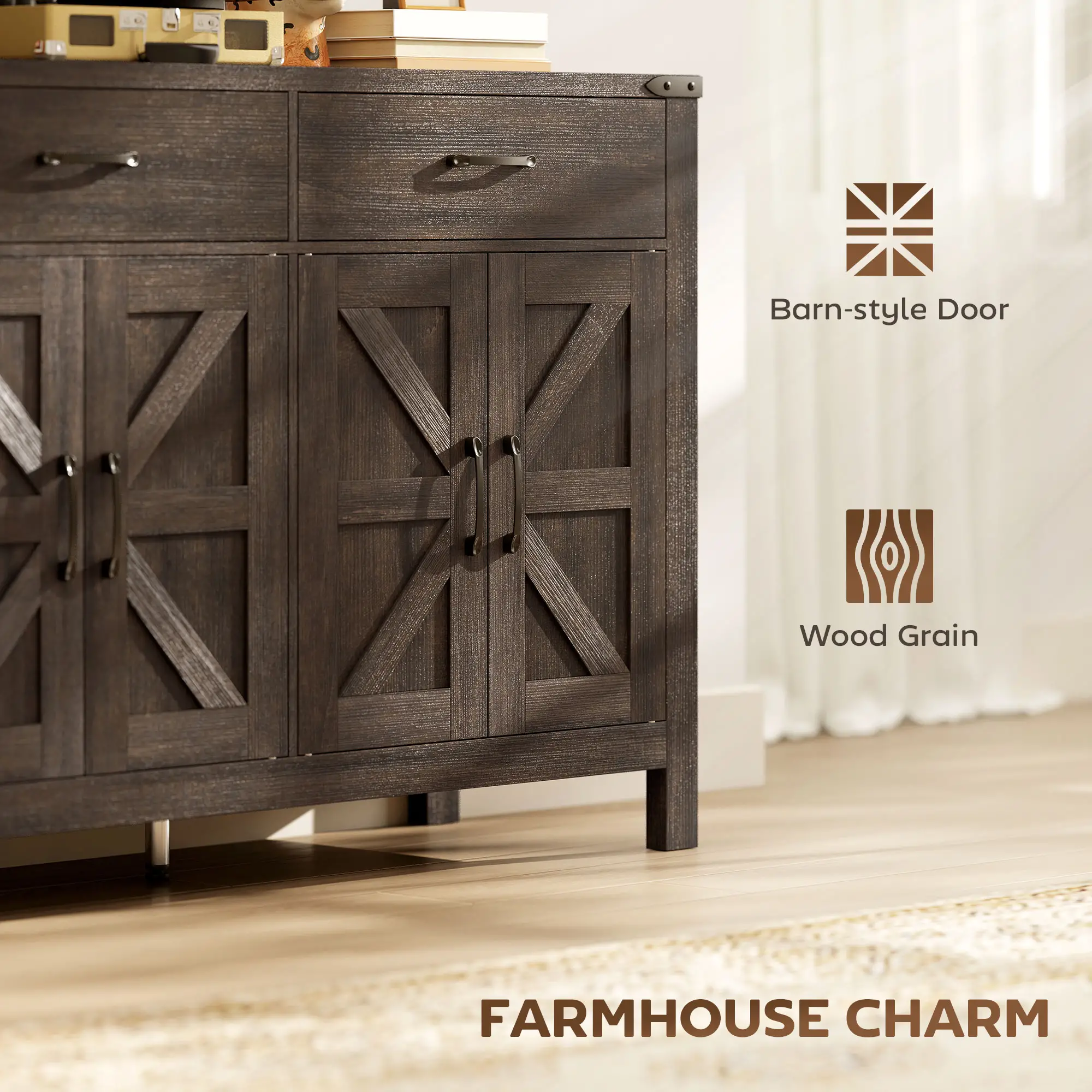 Sideboard Buffet Cabinet, Farmhouse Kitchen Storage, 2 Drawers and Shelves - Image 7