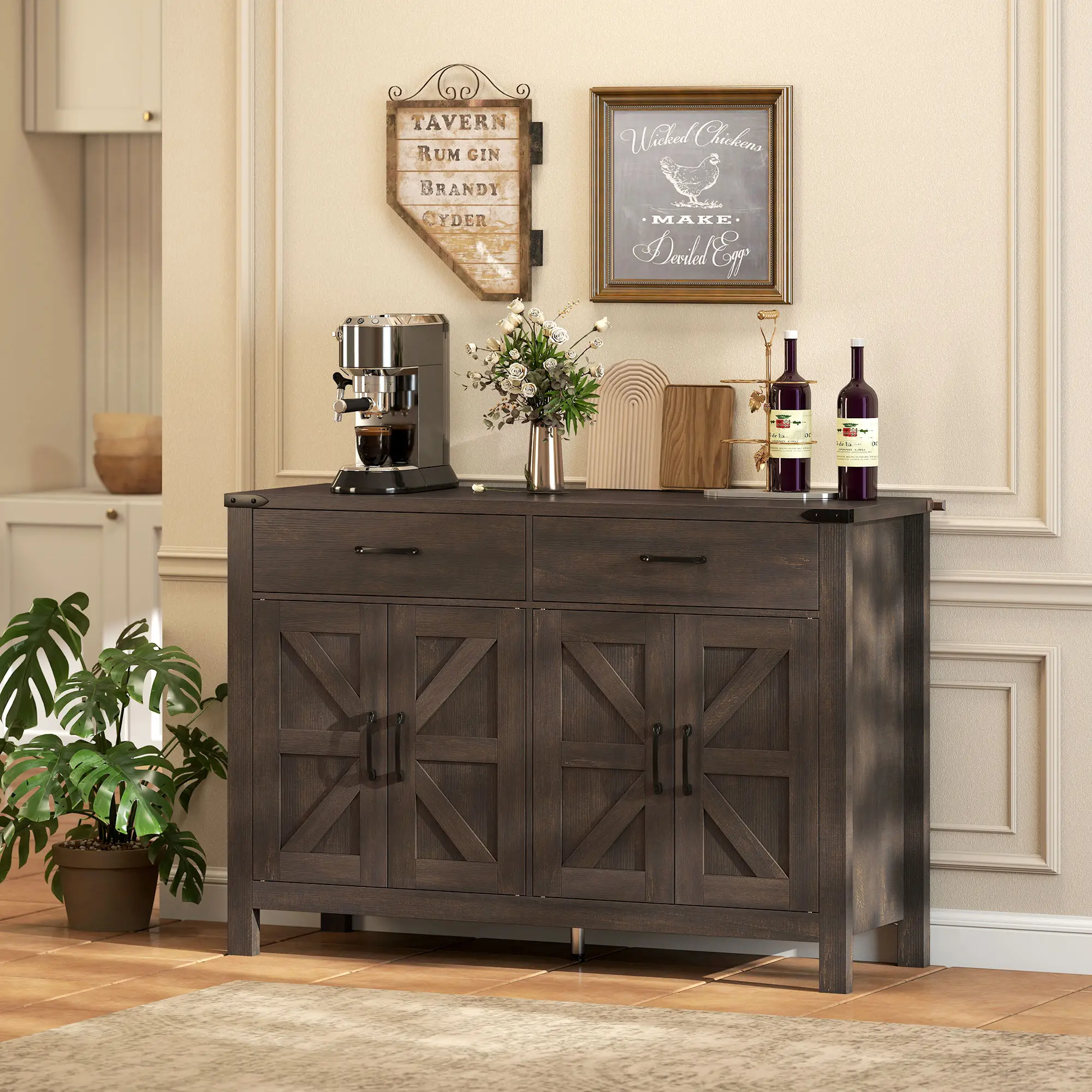 Sideboard Buffet Cabinet, Farmhouse Kitchen Storage, 2 Drawers and Shelves - Image 8