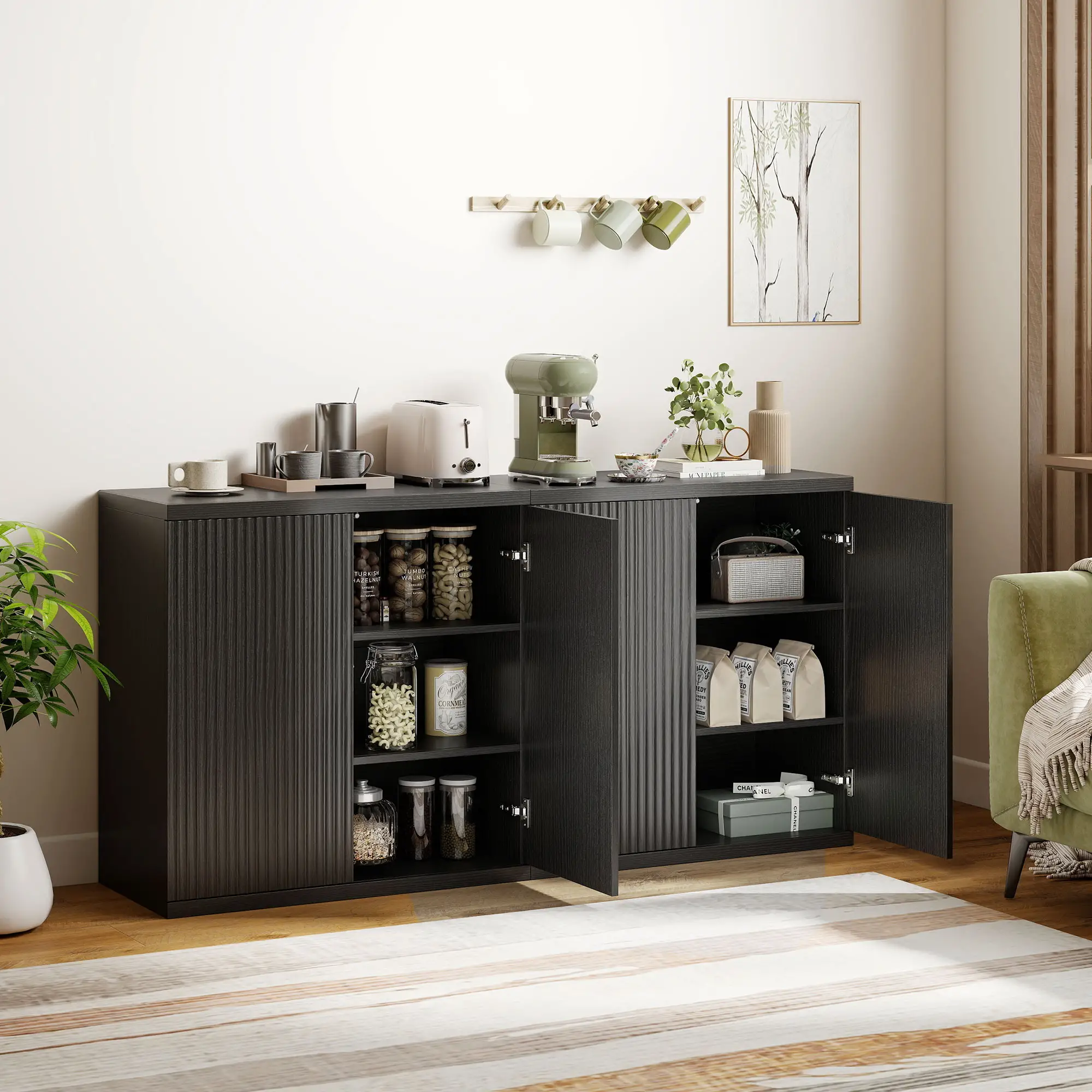 Sideboard Buffet Cabinet Set Of 2, Kitchen Cabinet, Distressed Black Grey - Image 2