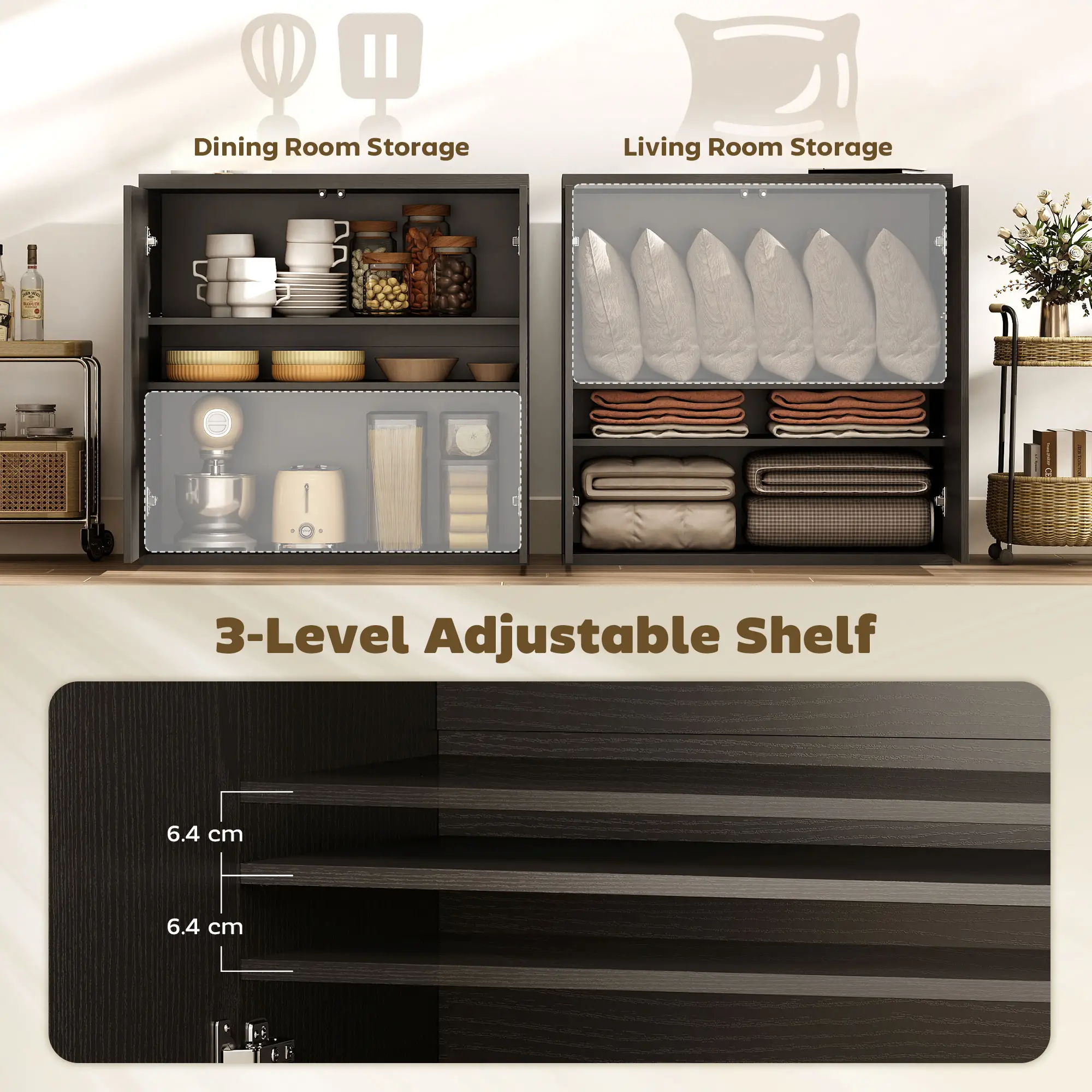Sideboard Buffet Cabinet Set Of 2, Kitchen Cabinet, Distressed Black Grey - Image 5