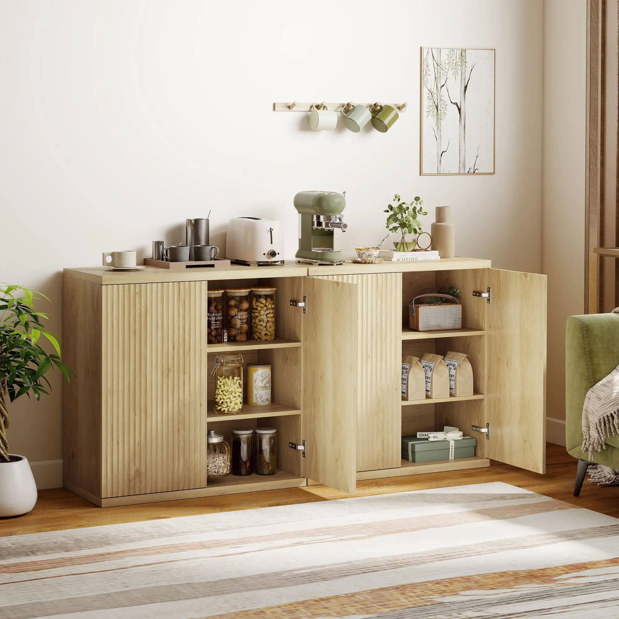 Sideboard Buffet Cabinet Set Of 2, Kitchen Cabinet, Oak - Image 2