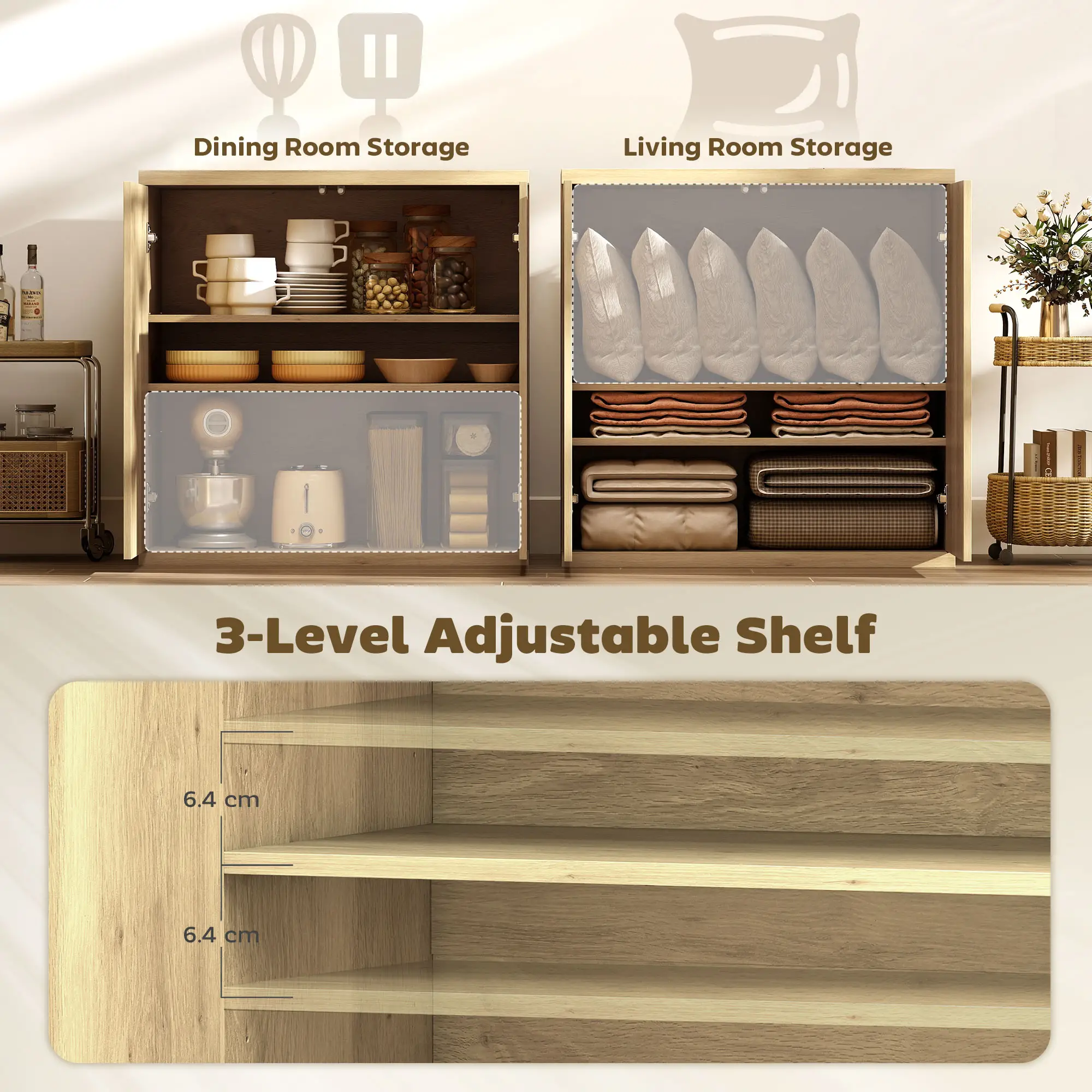 Sideboard Buffet Cabinet Set Of 2, Kitchen Cabinet, Oak - Image 5