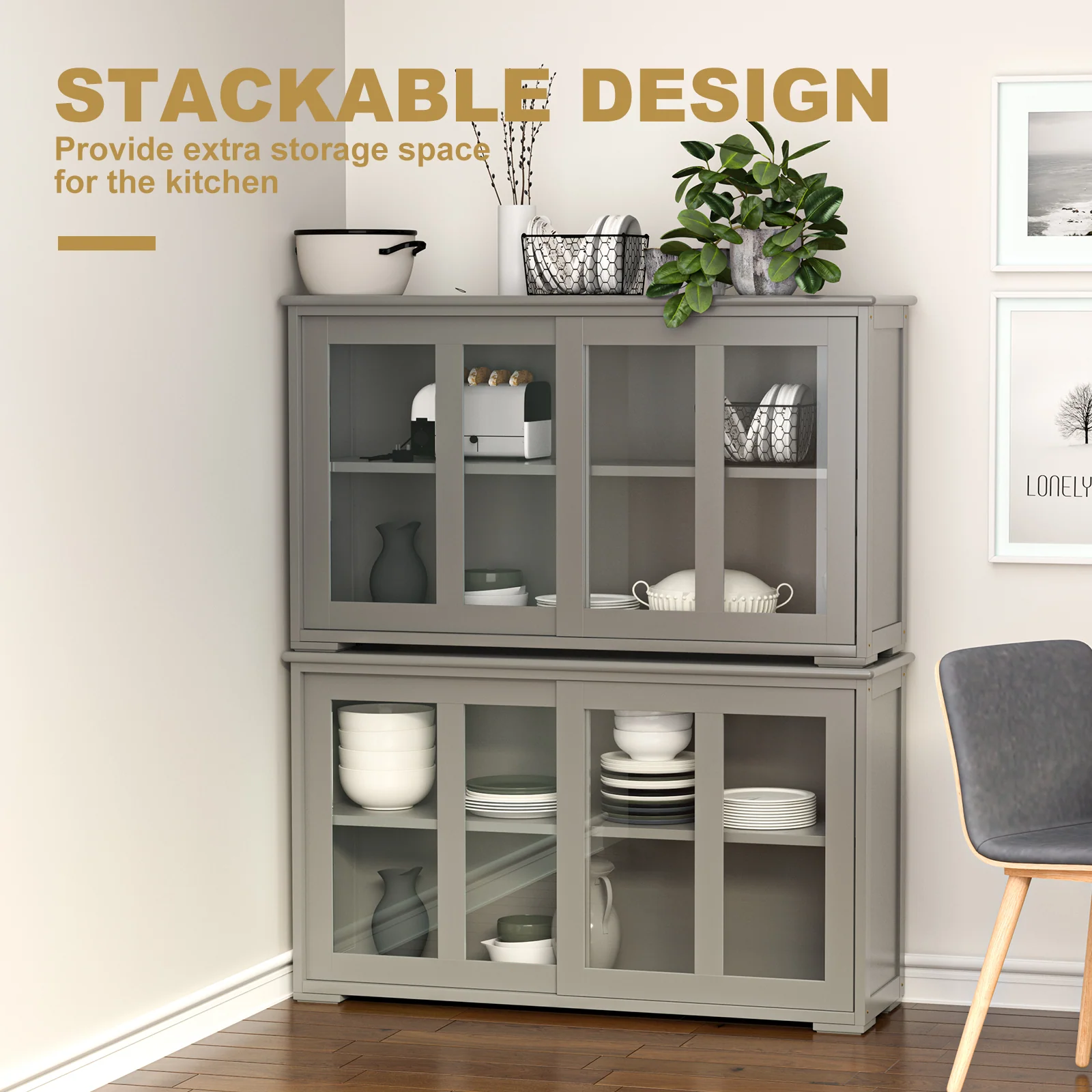 Sideboard Buffet Cabinet, Sliding Door, Gray - Image 10