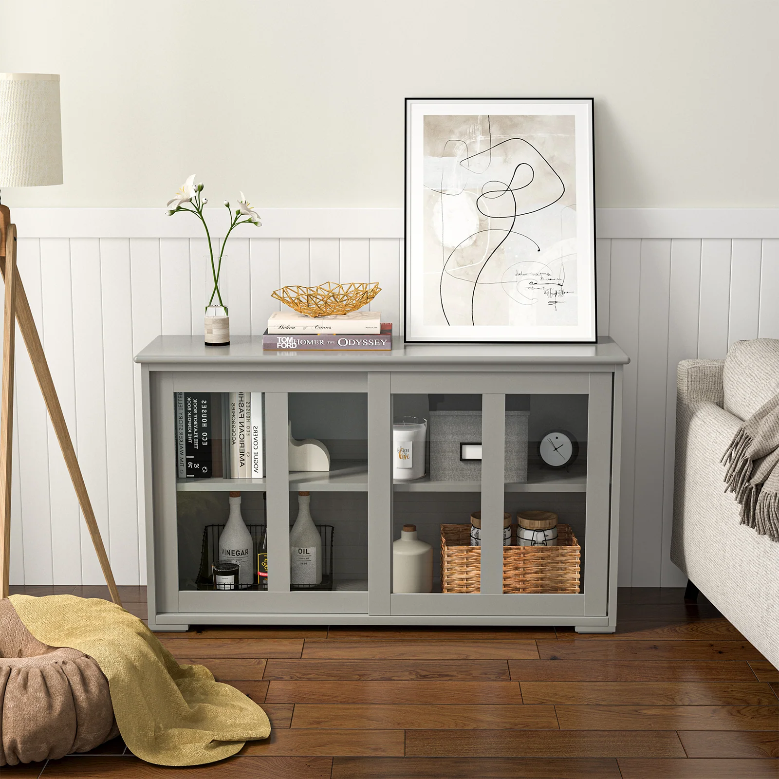 Sideboard Buffet Cabinet, Sliding Door, Gray - Image 2