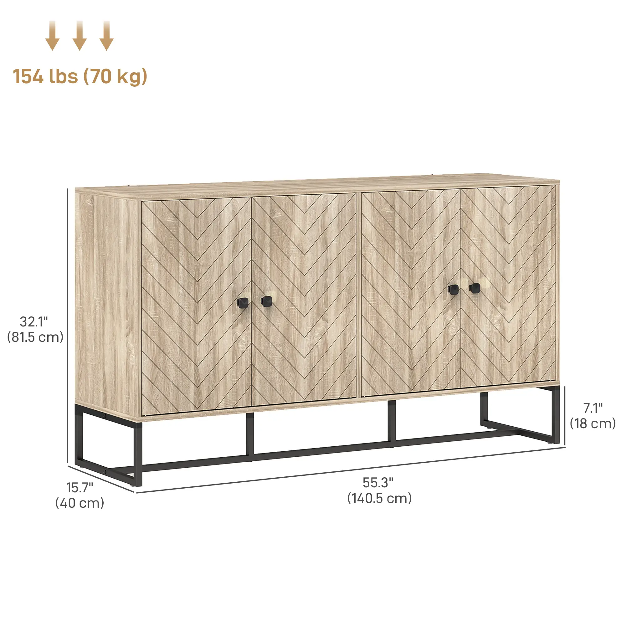 Sideboard Buffet Cabinet with 2 Adjustable Shelves and Steel Base, TV Stand, Coffee Bar Cabinet for Living Room, Oak - Image 3