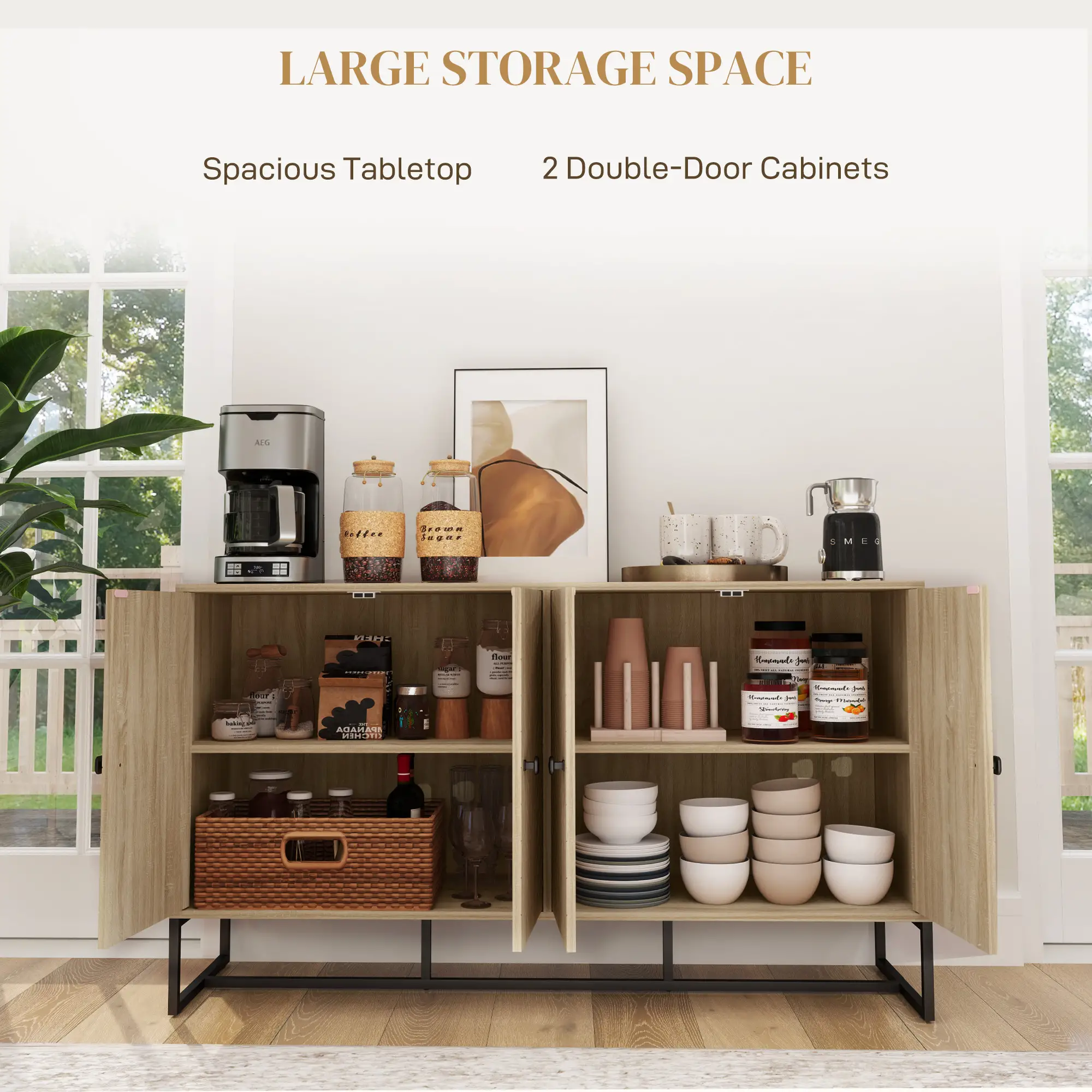 Sideboard Buffet Cabinet with 2 Adjustable Shelves and Steel Base, TV Stand, Coffee Bar Cabinet for Living Room, Oak - Image 4