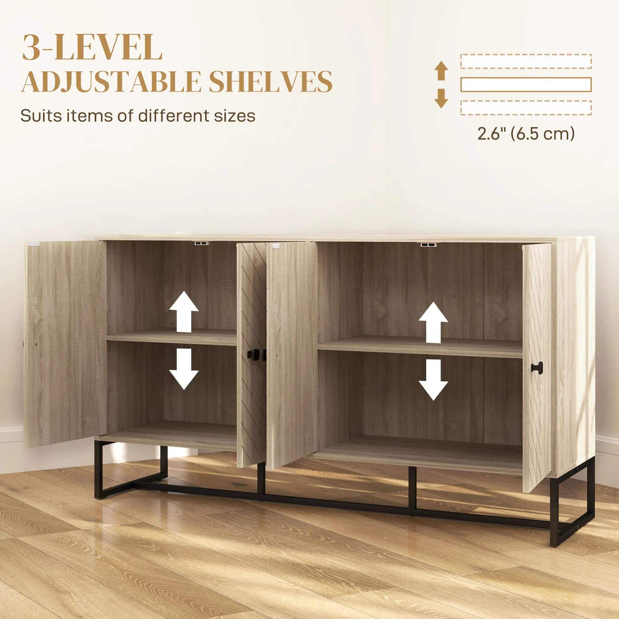 Sideboard Buffet Cabinet with 2 Adjustable Shelves and Steel Base, TV Stand, Coffee Bar Cabinet for Living Room, Oak - Image 5