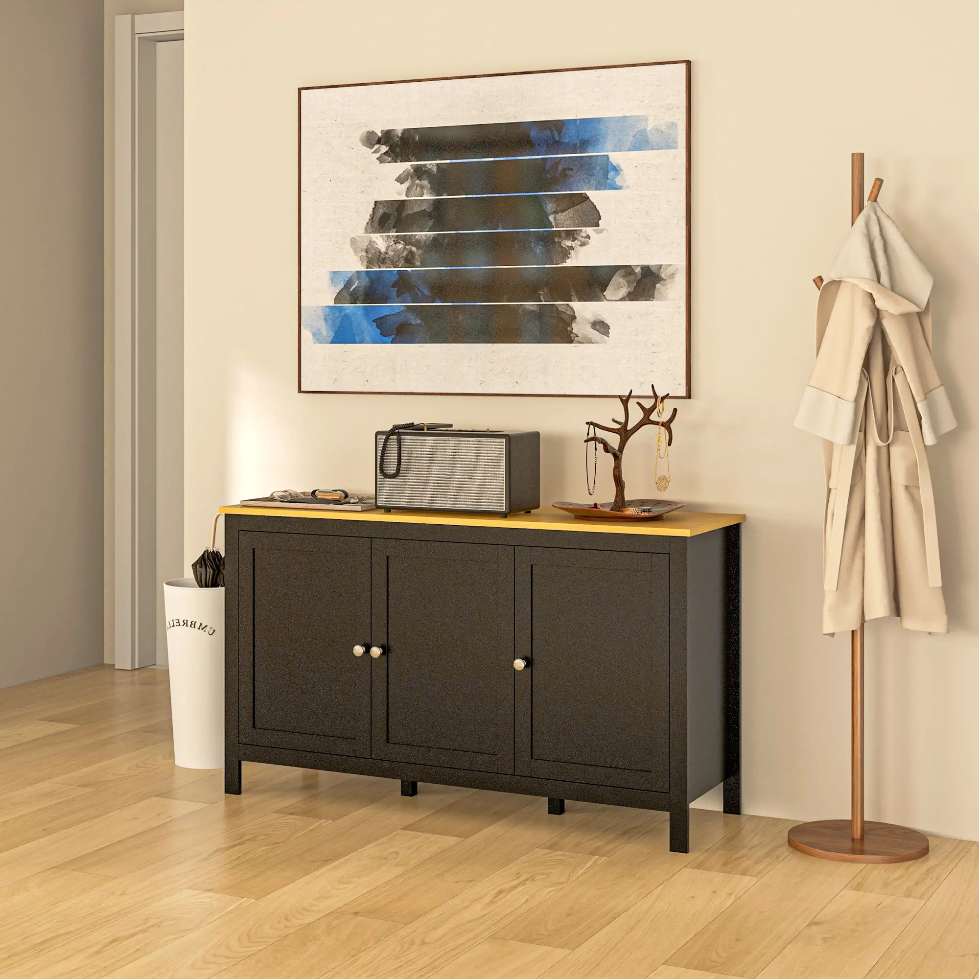 Sideboard, Buffet Cabinet with Doors, Adjustable Shelves, Natural, Black - Image 10