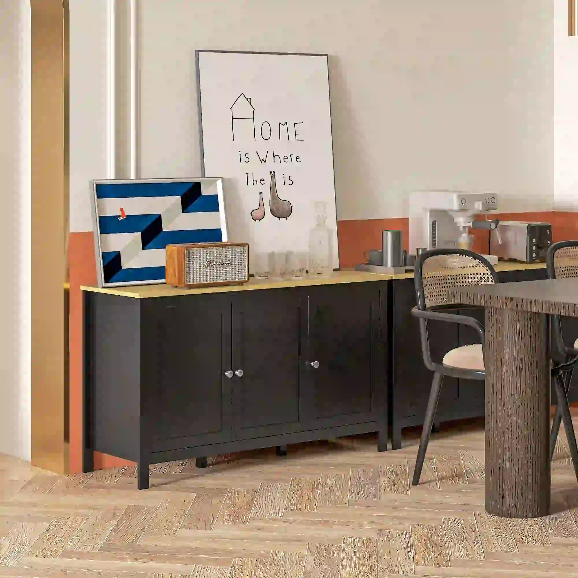 Sideboard, Buffet Cabinet with Doors, Adjustable Shelves, Natural, Black - Image 2