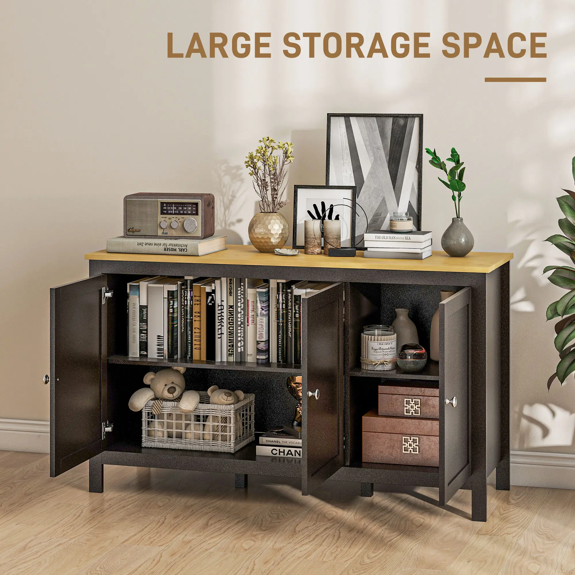 Sideboard, Buffet Cabinet with Doors, Adjustable Shelves, Natural, Black - Image 4