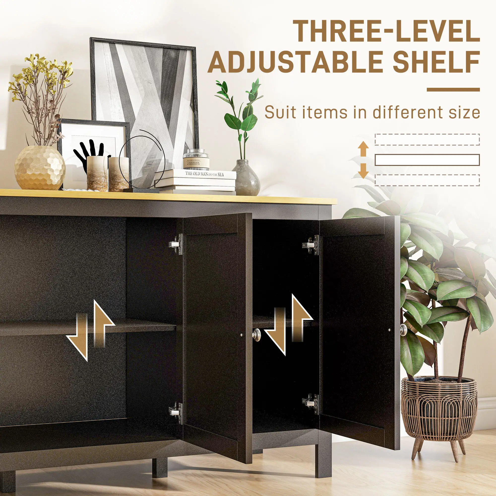 Sideboard, Buffet Cabinet with Doors, Adjustable Shelves, Natural, Black - Image 5
