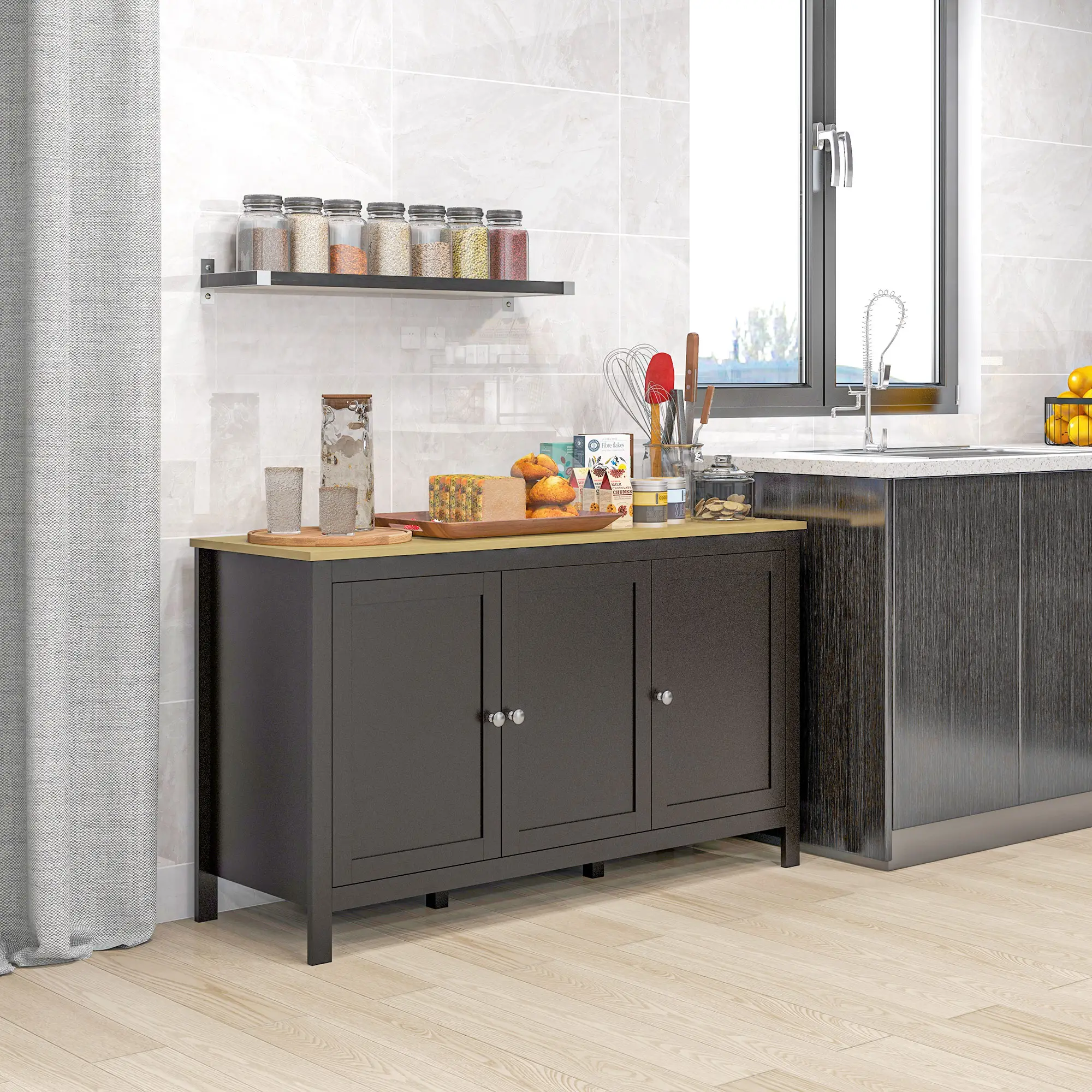 Sideboard, Buffet Cabinet with Doors, Adjustable Shelves, Natural, Black - Image 8