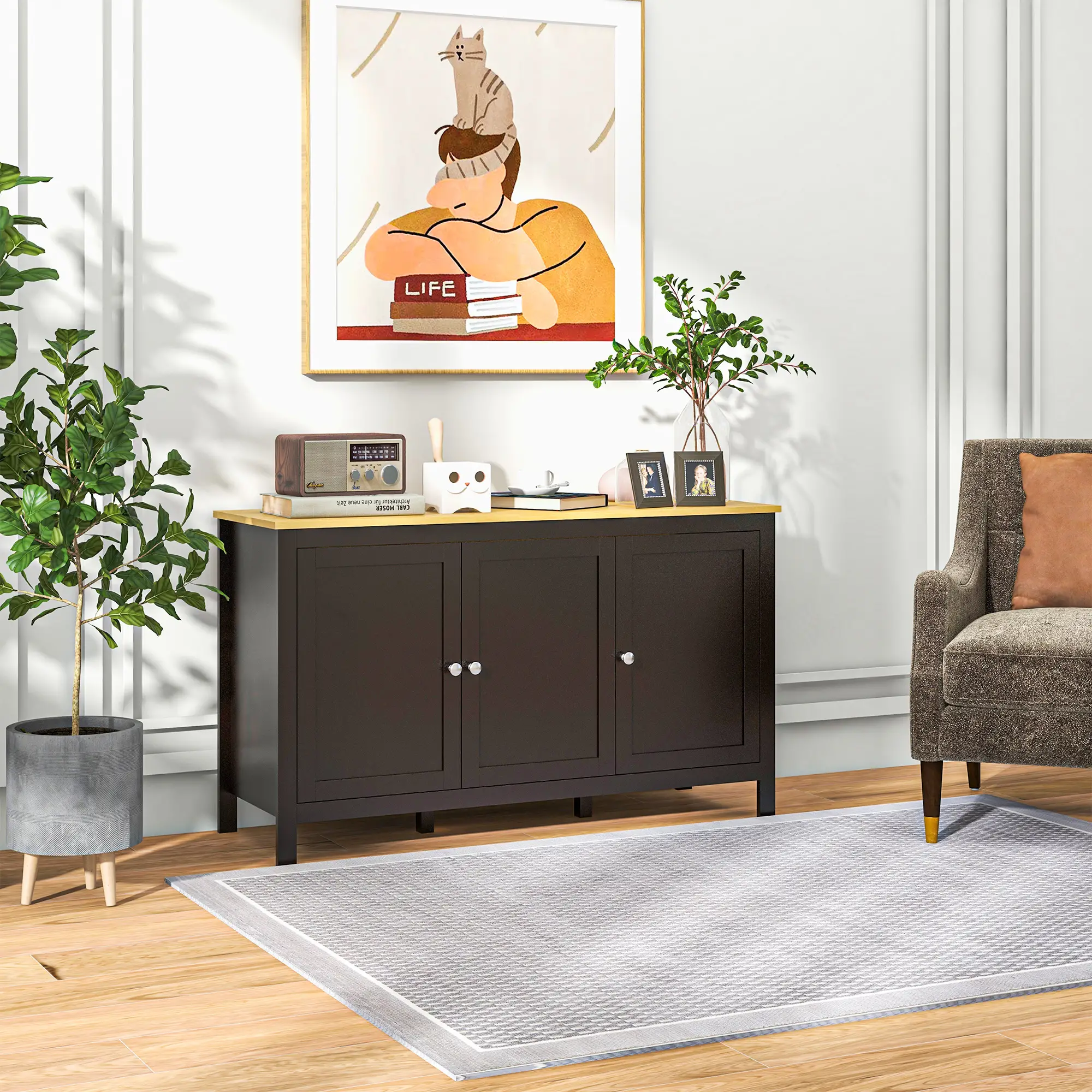 Sideboard, Buffet Cabinet with Doors, Adjustable Shelves, Natural, Black - Image 9