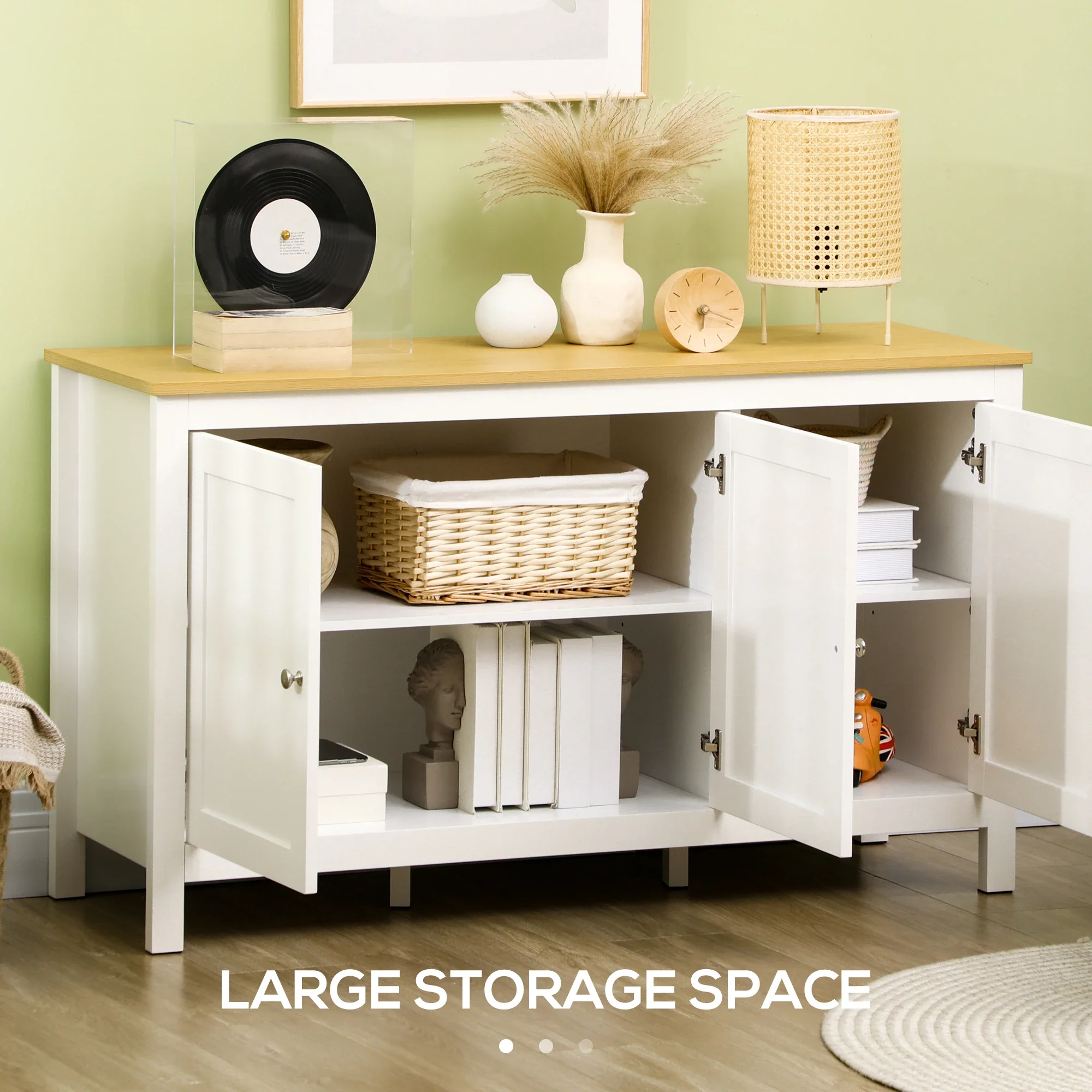 Sideboard, Buffet Cabinet with Doors, Adjustable Shelves, Natural, White - Image 4