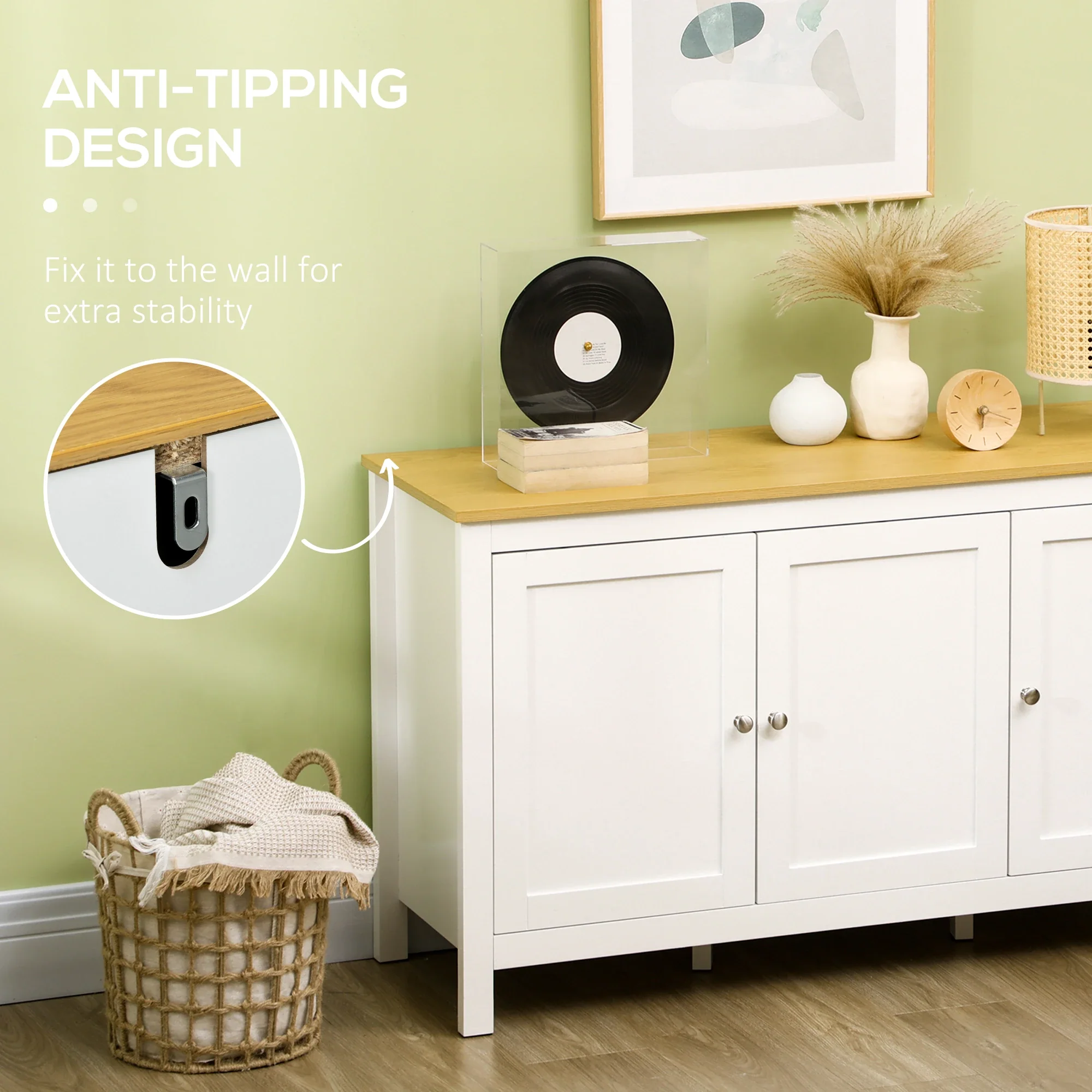 Sideboard, Buffet Cabinet with Doors, Adjustable Shelves, Natural, White - Image 6