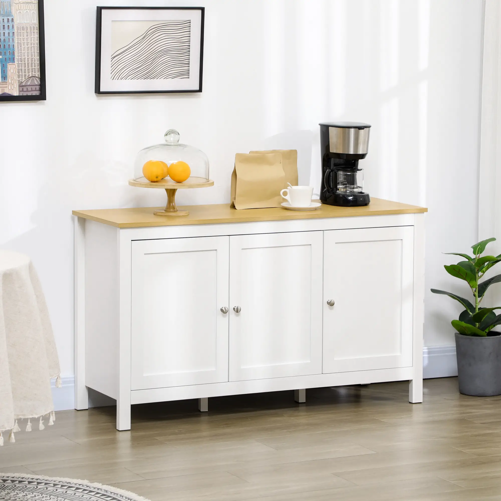 Sideboard, Buffet Cabinet with Doors, Adjustable Shelves, Natural, White - Image 8