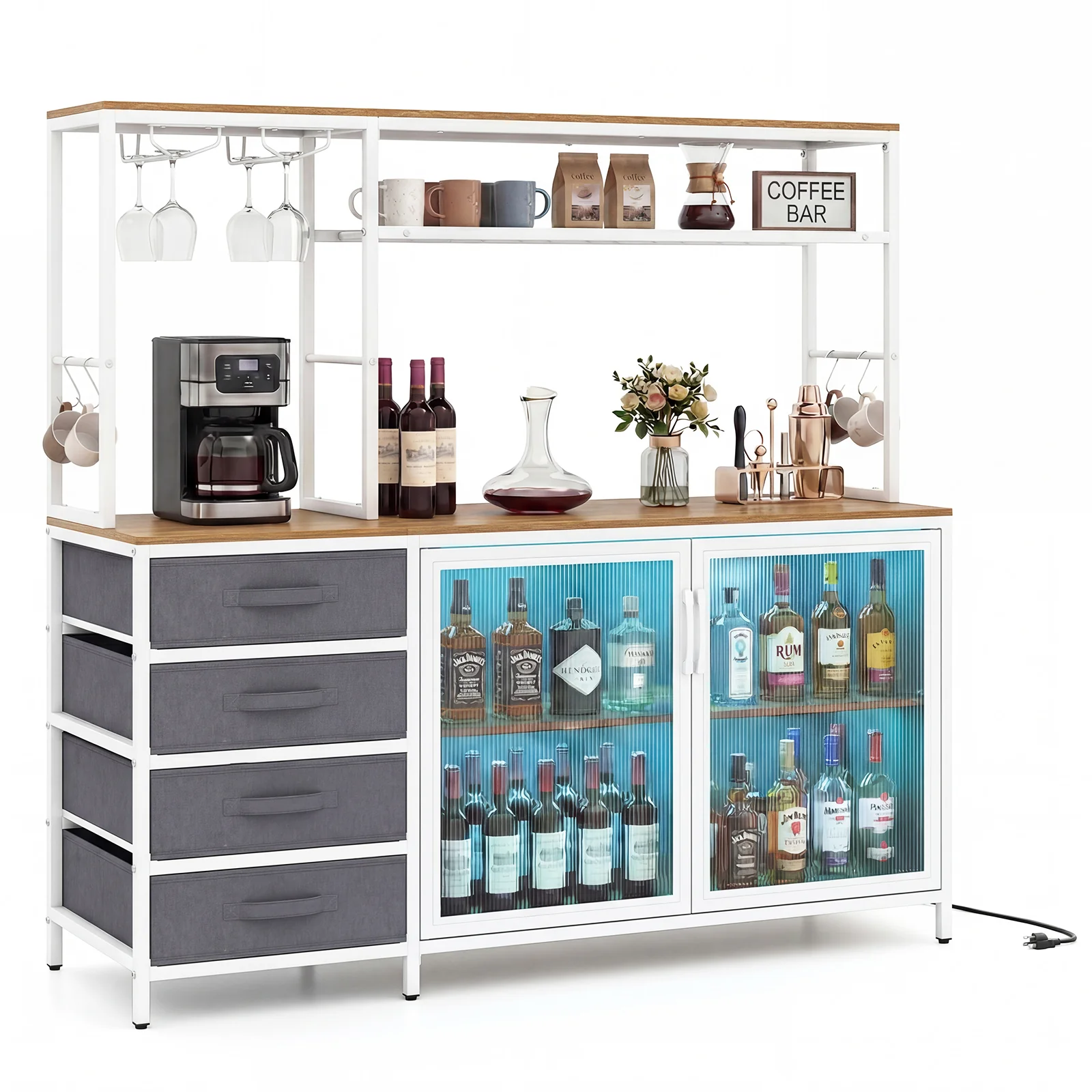 Sideboard Buffet Cabinet with LED Lights 55 inch Coffee Table with Power Outlets, Natural