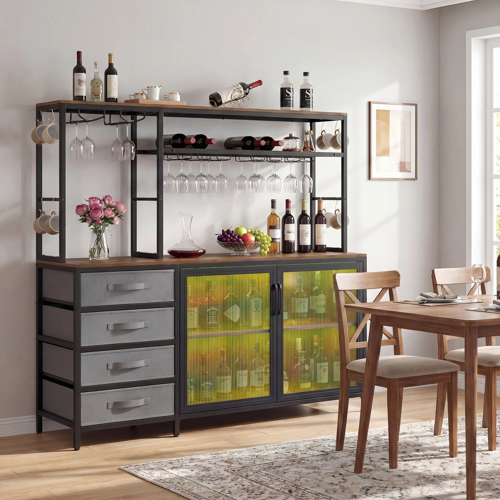 Sideboard Buffet Cabinet with LED Lights 55 inch Coffee Table with Power Outlets, Rustic Brown - Image 2