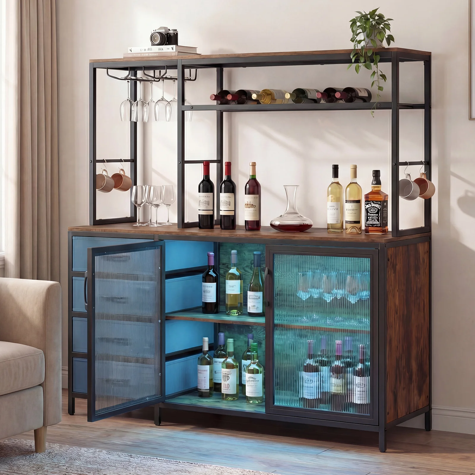 Sideboard Buffet Cabinet with LED Lights 55 inch Coffee Table with Power Outlets, Rustic Brown - Image 3