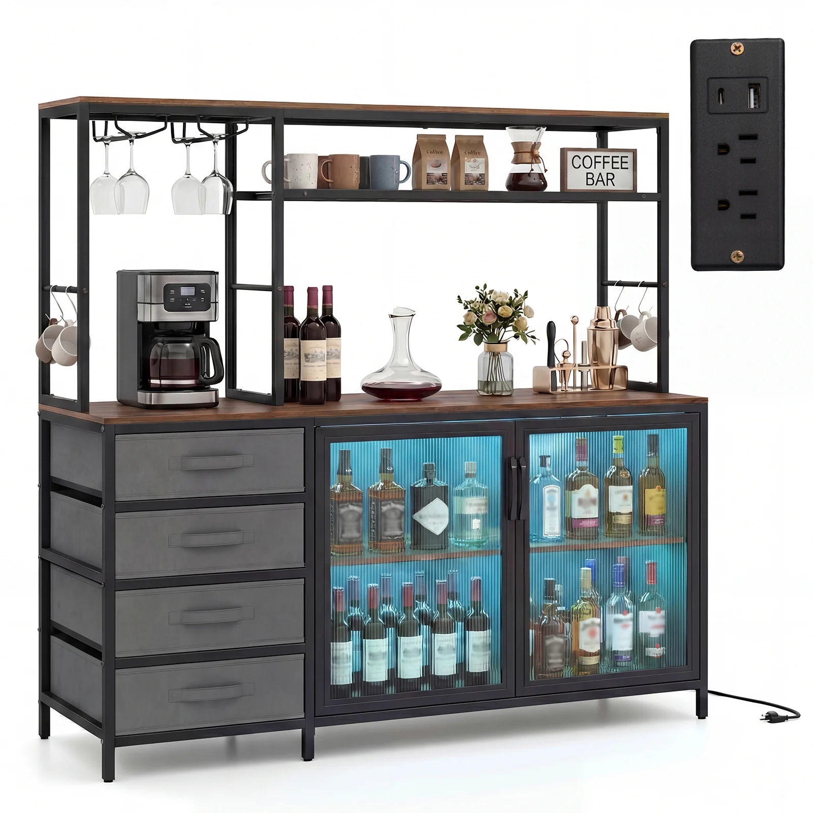 Sideboard Buffet Cabinet with LED Lights 55 inch Coffee Table with Power Outlets, Rustic Brown - Image 4