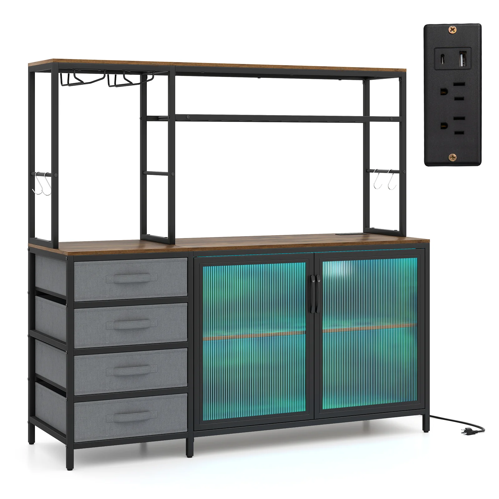 Sideboard Buffet Cabinet with LED Lights 55 inch Coffee Table with Power Outlets, Rustic Brown - Image 5