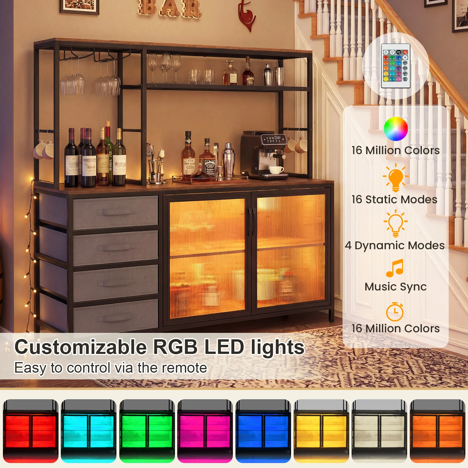 Sideboard Buffet Cabinet with LED Lights 55 inch Coffee Table with Power Outlets, Rustic Brown - Image 8