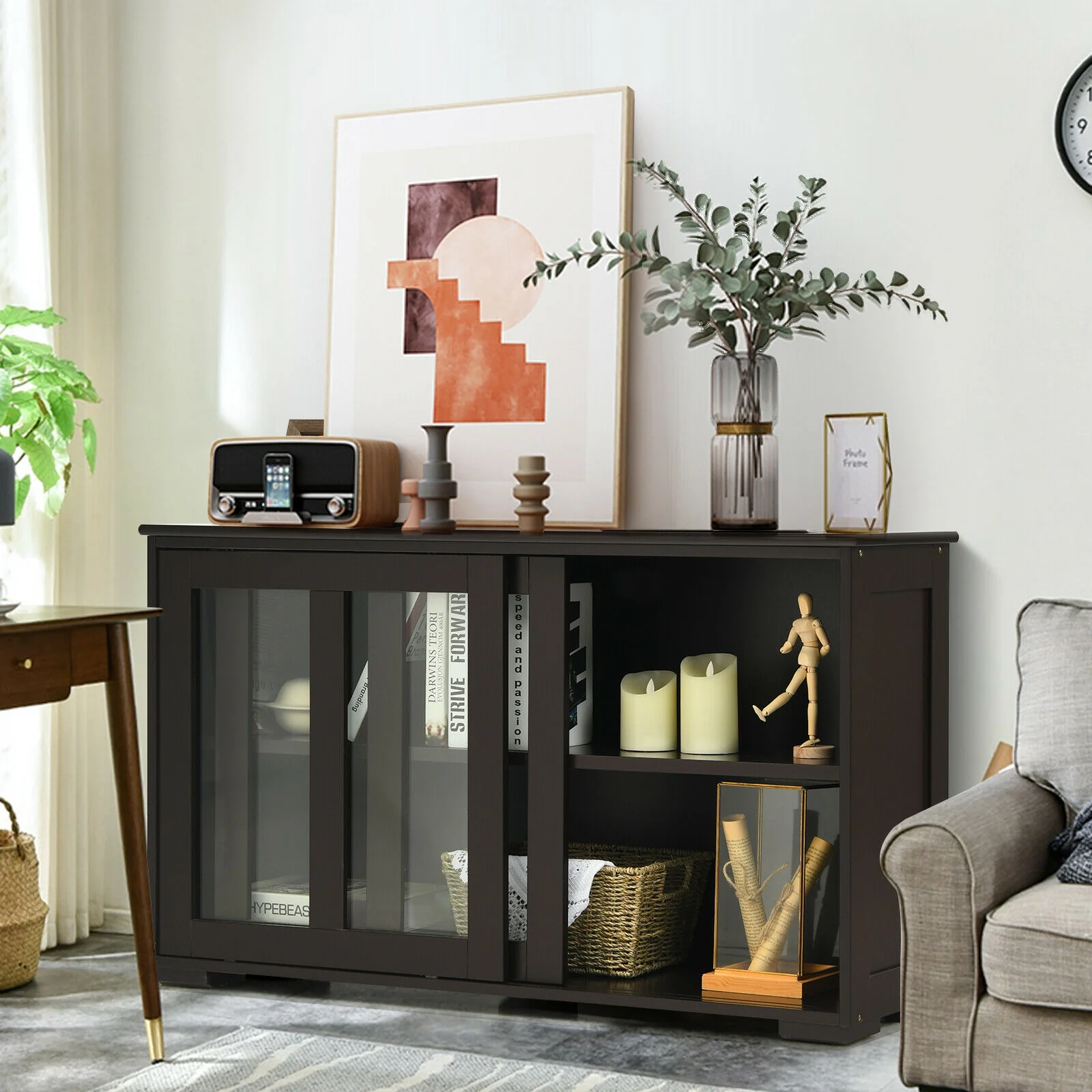 Sideboard Buffet Cupboard, Storage Cabinet With Sliding Door, Brown - Image 8