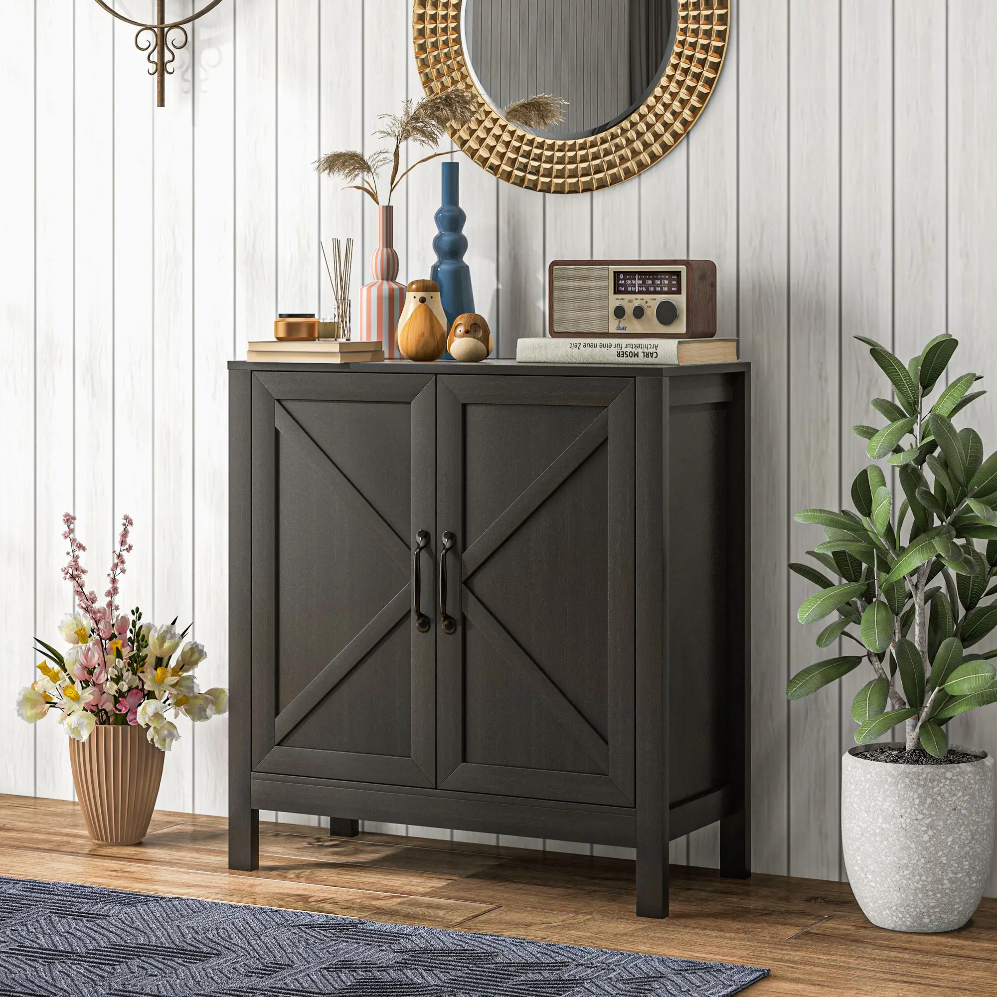 Sideboard Buffet, Kitchen Cabinet with Barn Door, Adjustable Shelves, Black Oak, Black - Image 10