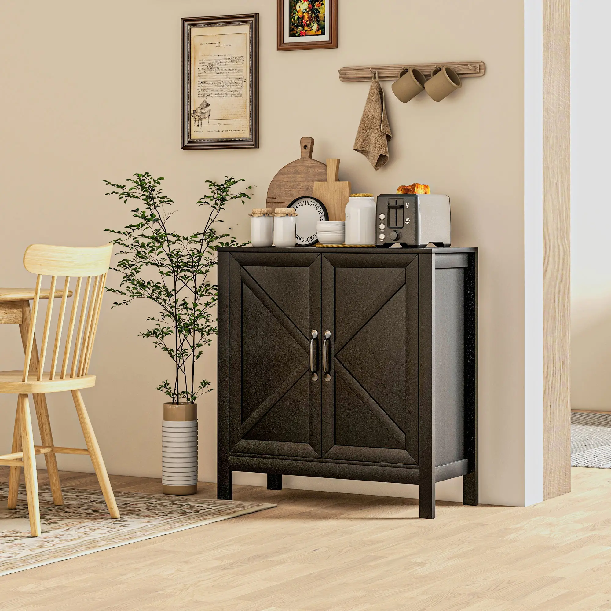 Sideboard Buffet, Kitchen Cabinet with Barn Door, Adjustable Shelves, Black Oak, Black - Image 2