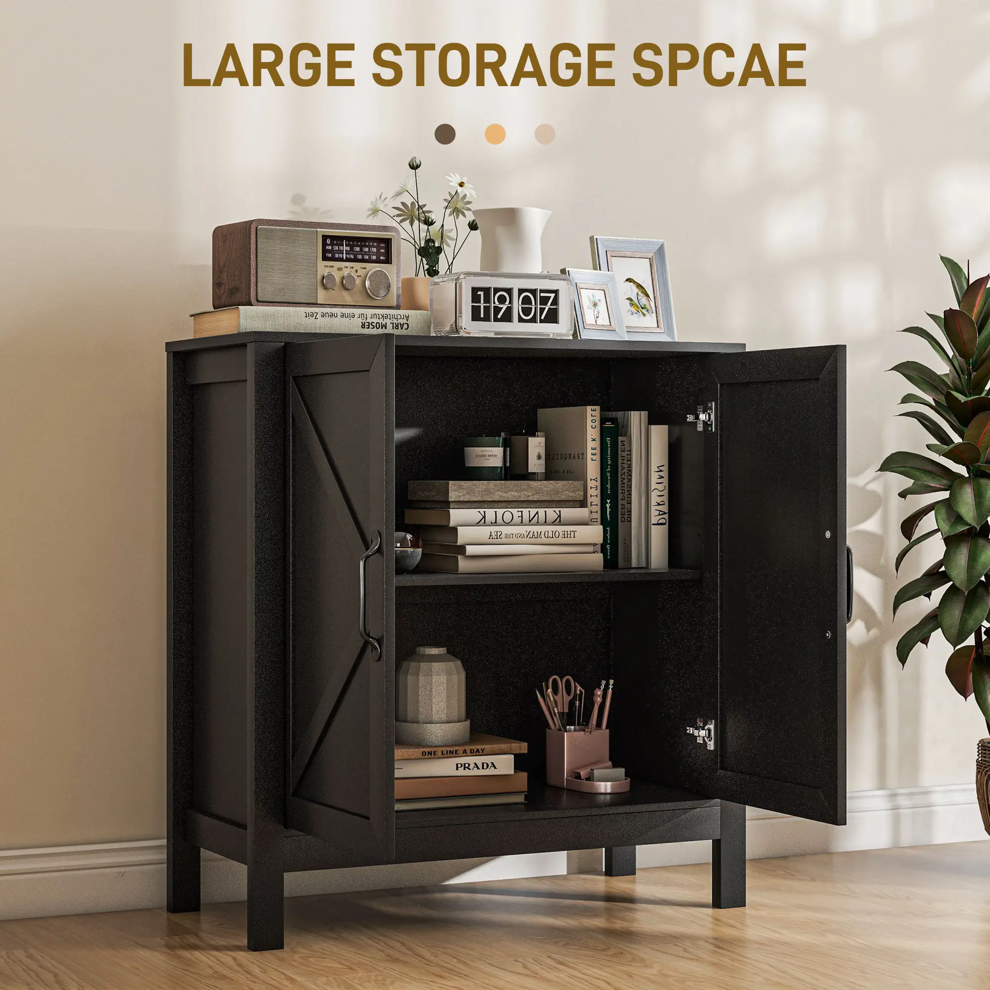 Sideboard Buffet, Kitchen Cabinet with Barn Door, Adjustable Shelves, Black Oak, Black - Image 4