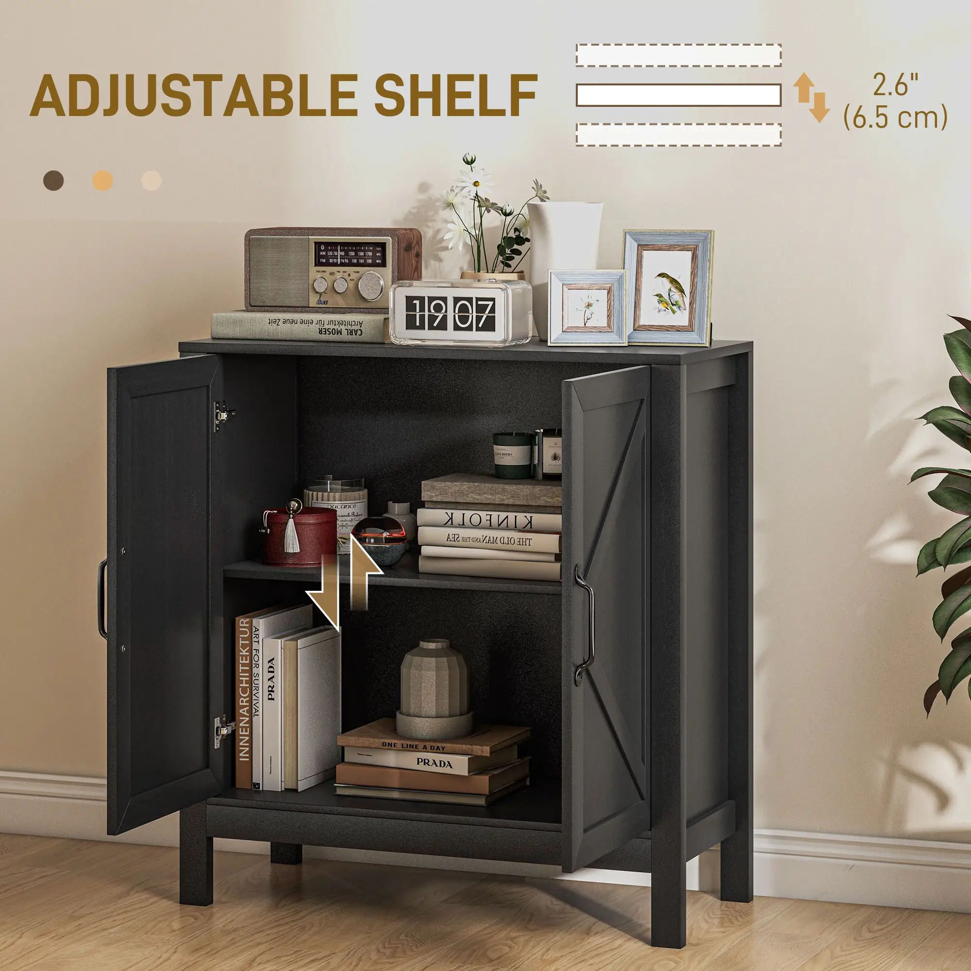 Sideboard Buffet, Kitchen Cabinet with Barn Door, Adjustable Shelves, Black Oak, Black - Image 5
