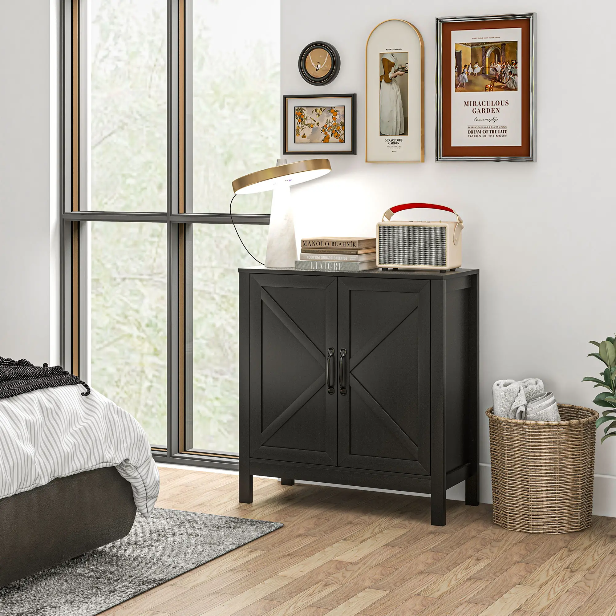 Sideboard Buffet, Kitchen Cabinet with Barn Door, Adjustable Shelves, Black Oak, Black - Image 7
