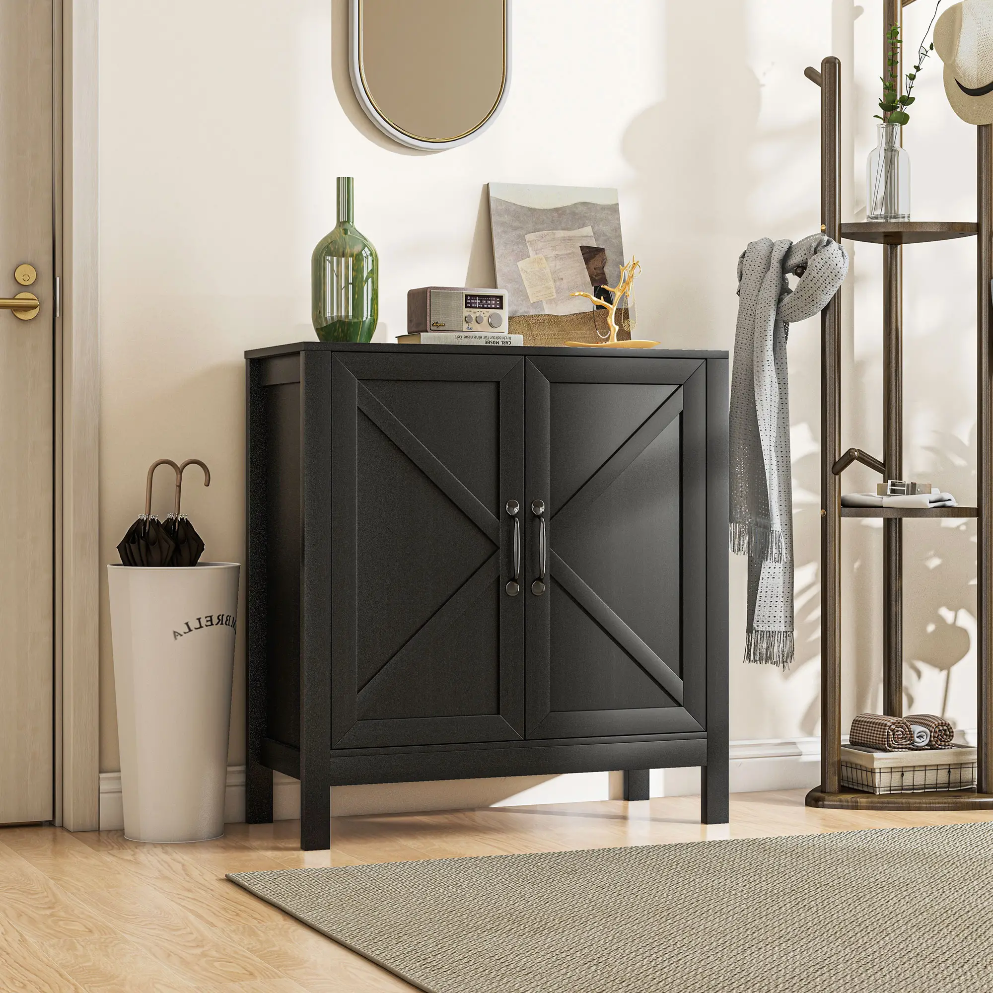 Sideboard Buffet, Kitchen Cabinet with Barn Door, Adjustable Shelves, Black Oak, Black - Image 8