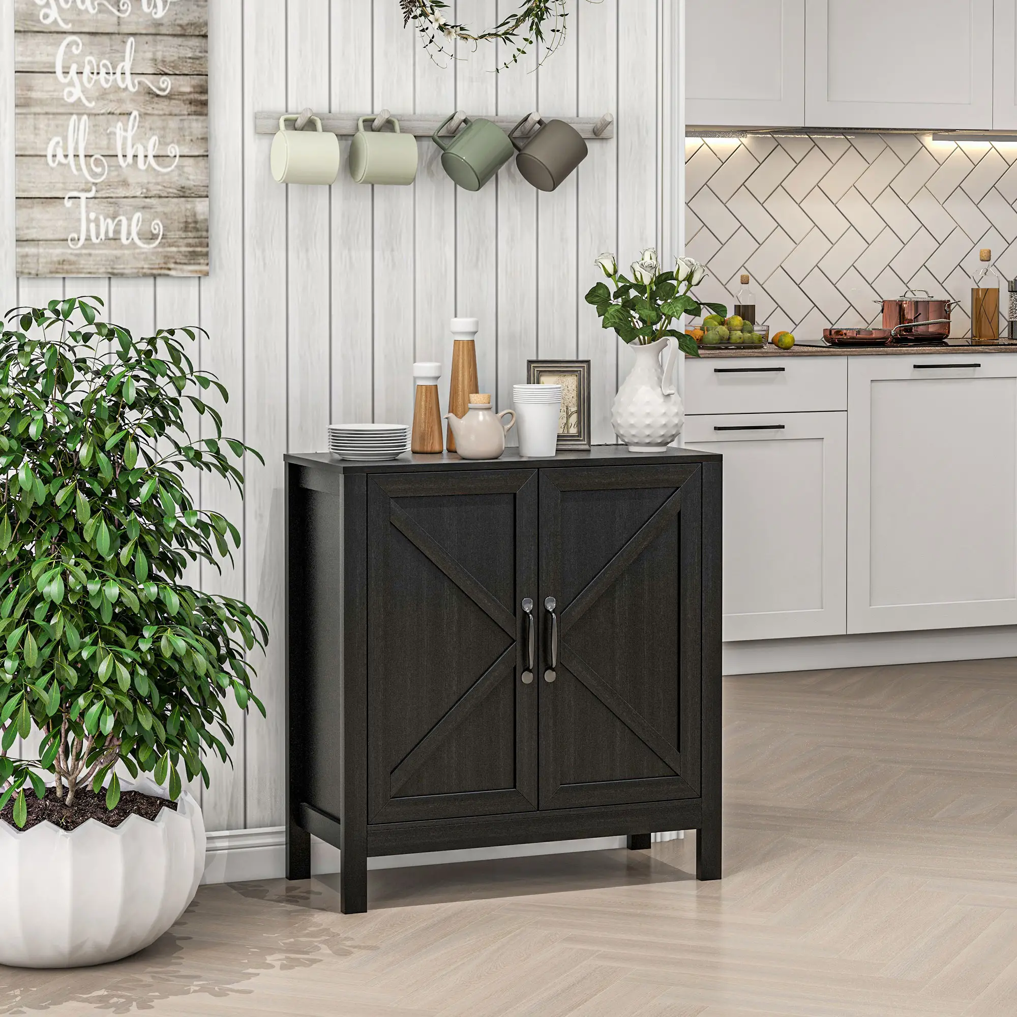 Sideboard Buffet, Kitchen Cabinet with Barn Door, Adjustable Shelves, Black Oak, Black - Image 9