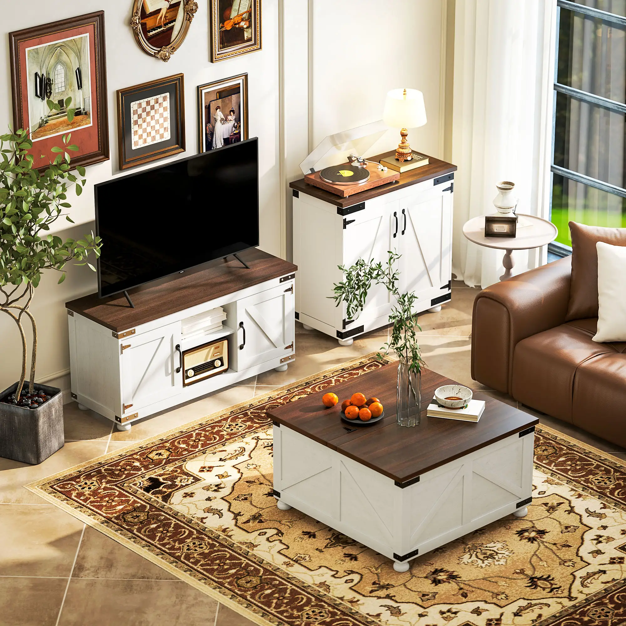 Sideboard Buffet, Kitchen Cabinet with Barn Door, Adjustable Shelves, White, Brown - Image 10