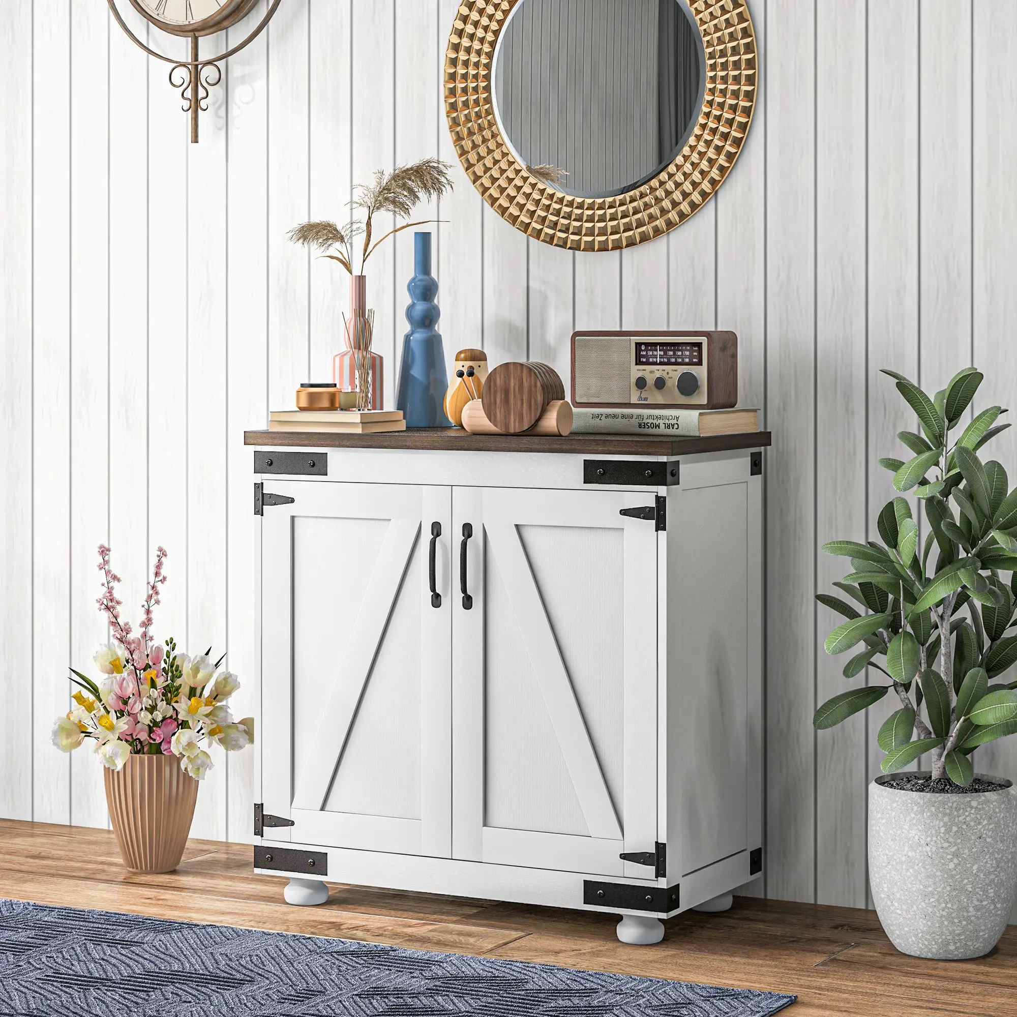 Sideboard Buffet, Kitchen Cabinet with Barn Door, Adjustable Shelves, White, Brown - Image 2
