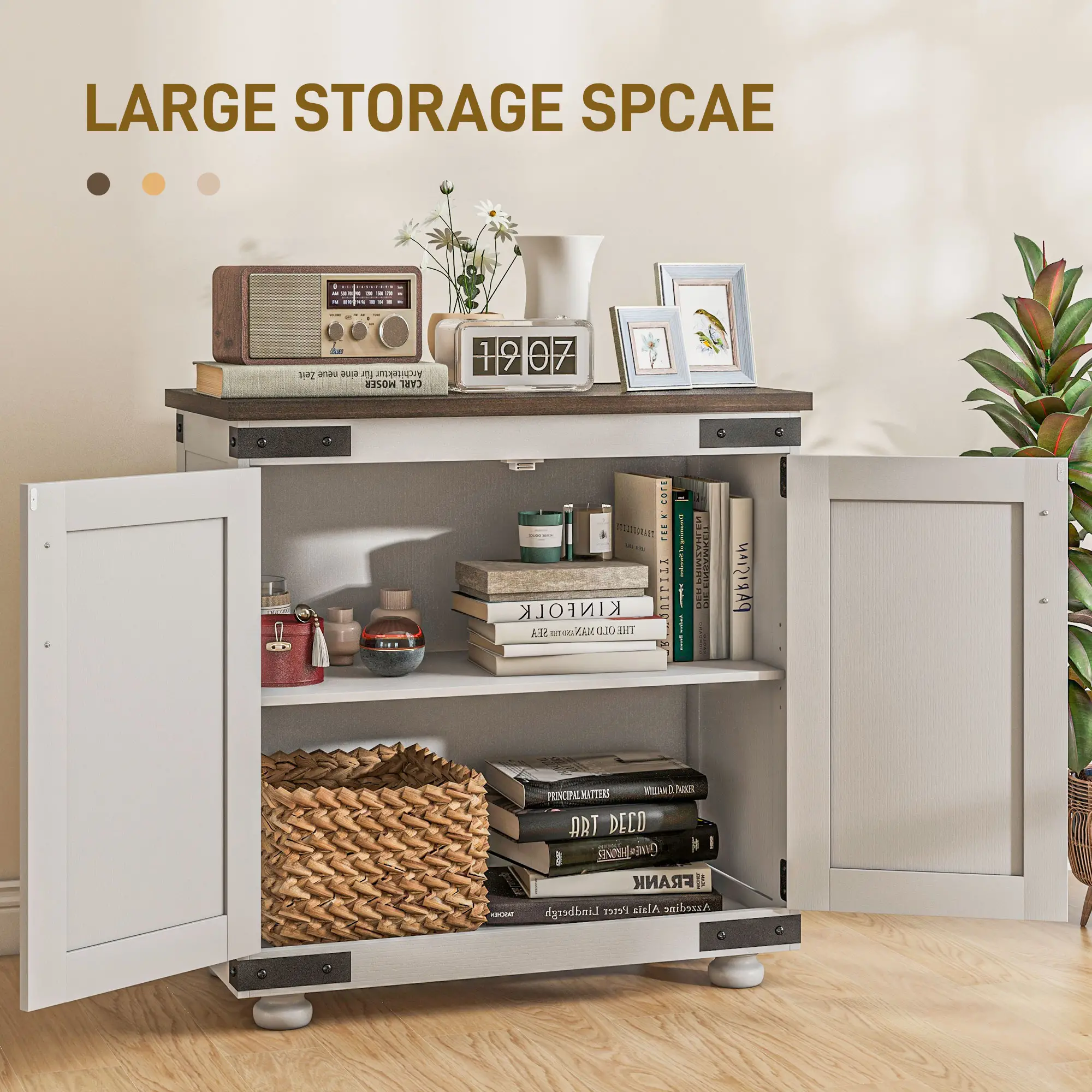 Sideboard Buffet, Kitchen Cabinet with Barn Door, Adjustable Shelves, White, Brown - Image 4