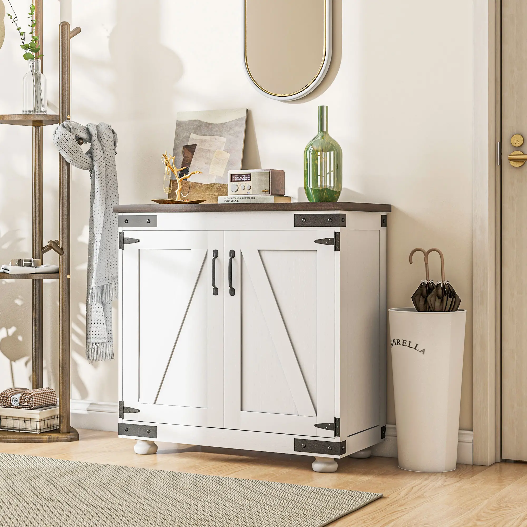 Sideboard Buffet, Kitchen Cabinet with Barn Door, Adjustable Shelves, White, Brown - Image 7