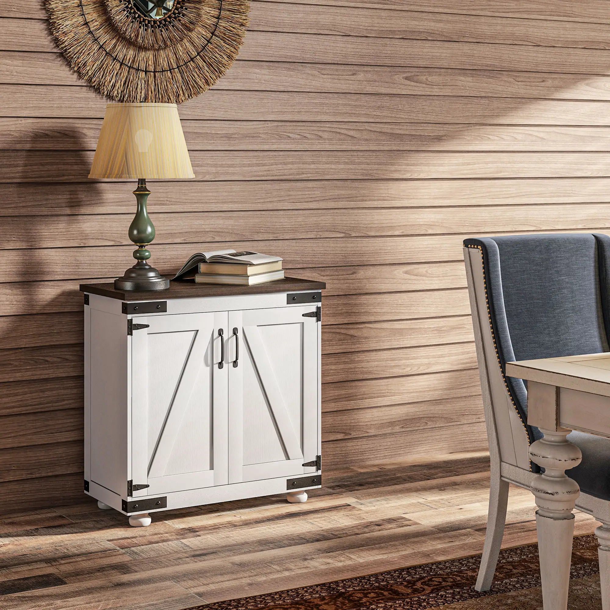 Sideboard Buffet, Kitchen Cabinet with Barn Door, Adjustable Shelves, White, Brown - Image 9