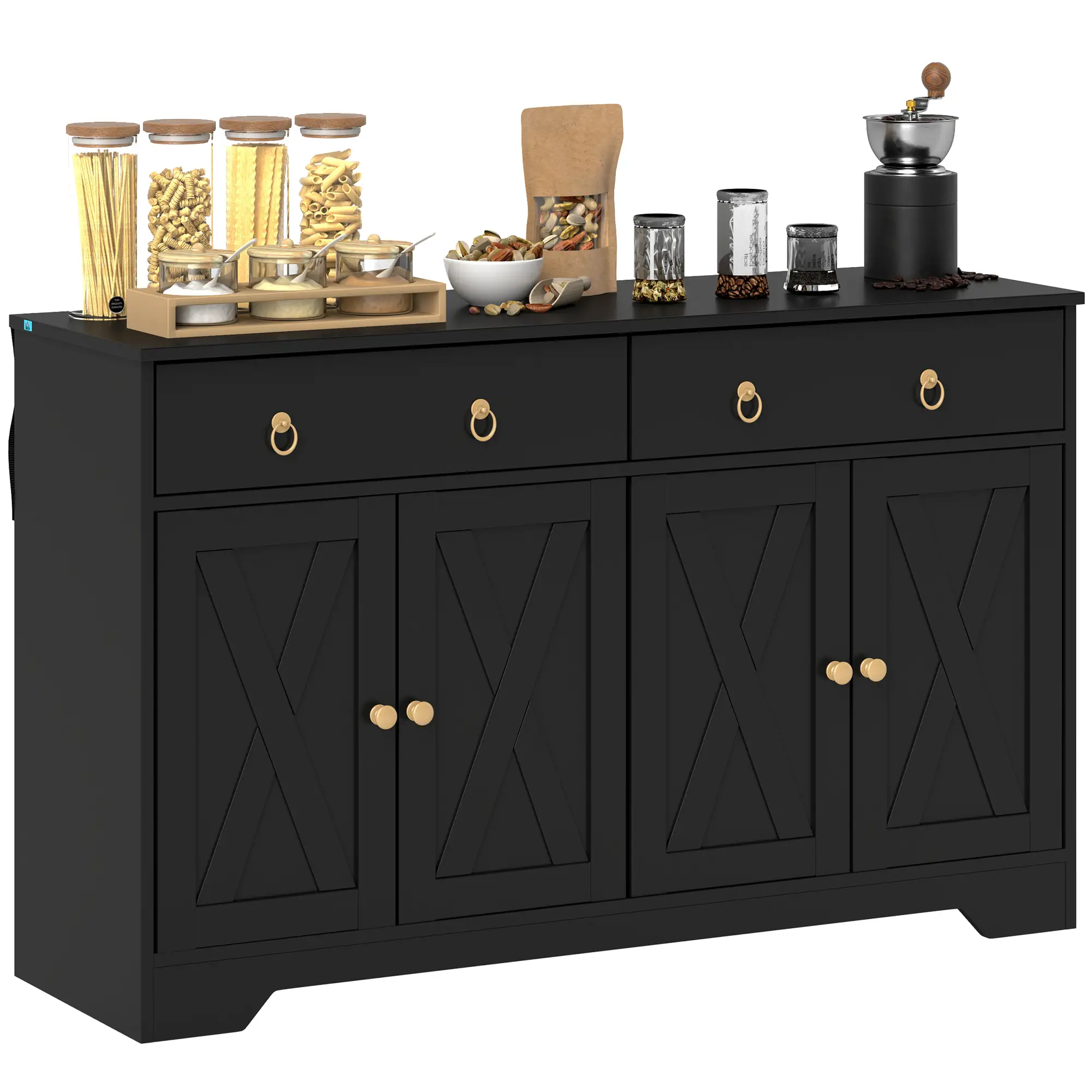 Sideboard Cabinet, 2 Drawers, 4 Barn Doors, 2 Adjustable Shelves, Black
