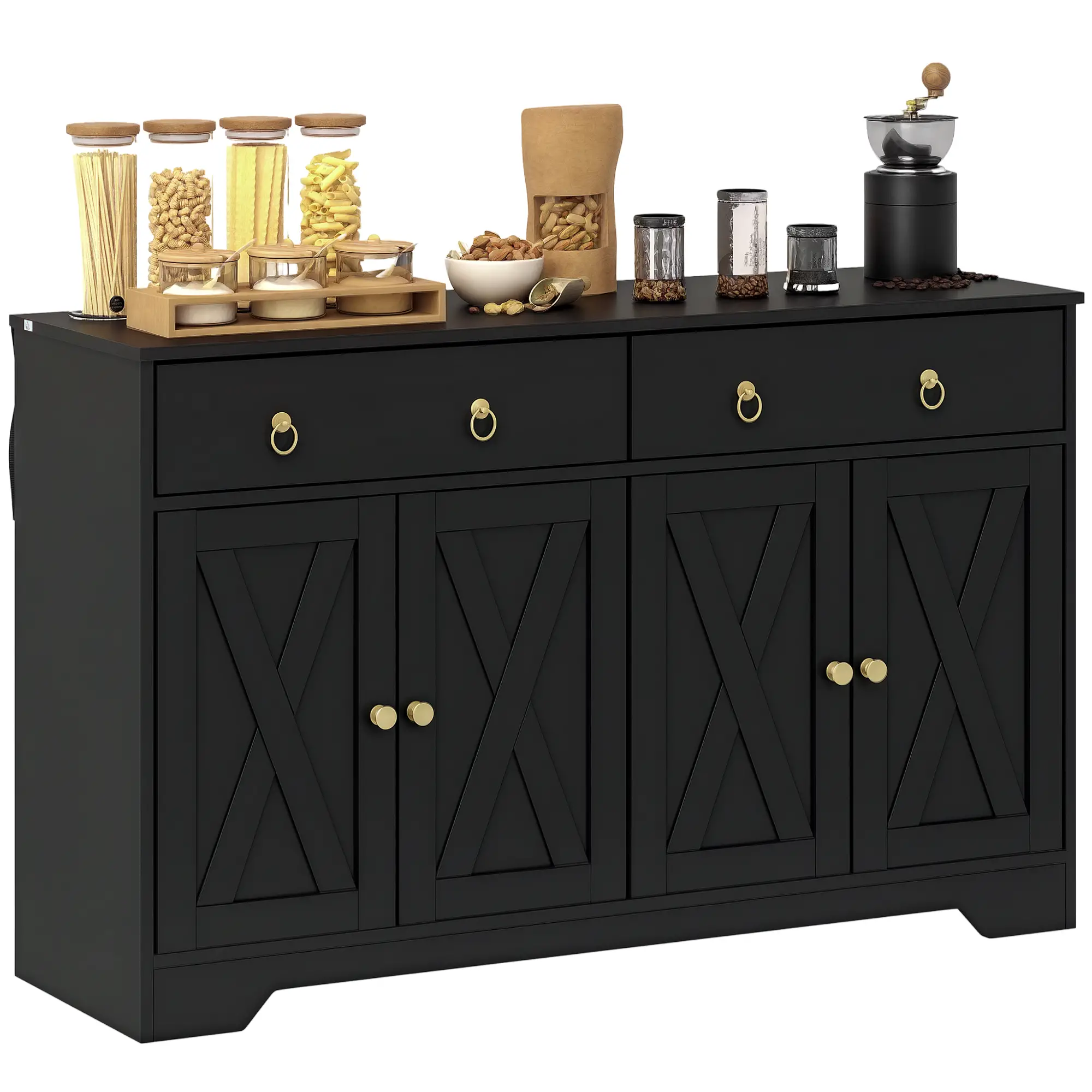 Sideboard Cabinet, 2 Drawers, 4 Barn Doors, 2 Adjustable Shelves, Black - Image 11
