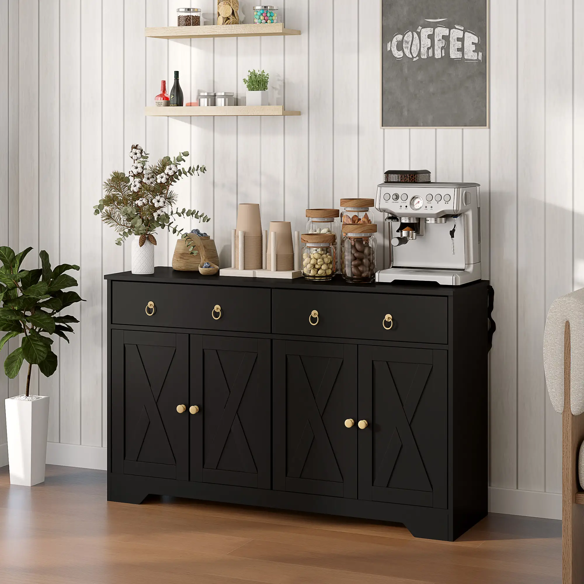 Sideboard Cabinet, 2 Drawers, 4 Barn Doors, 2 Adjustable Shelves, Black - Image 2