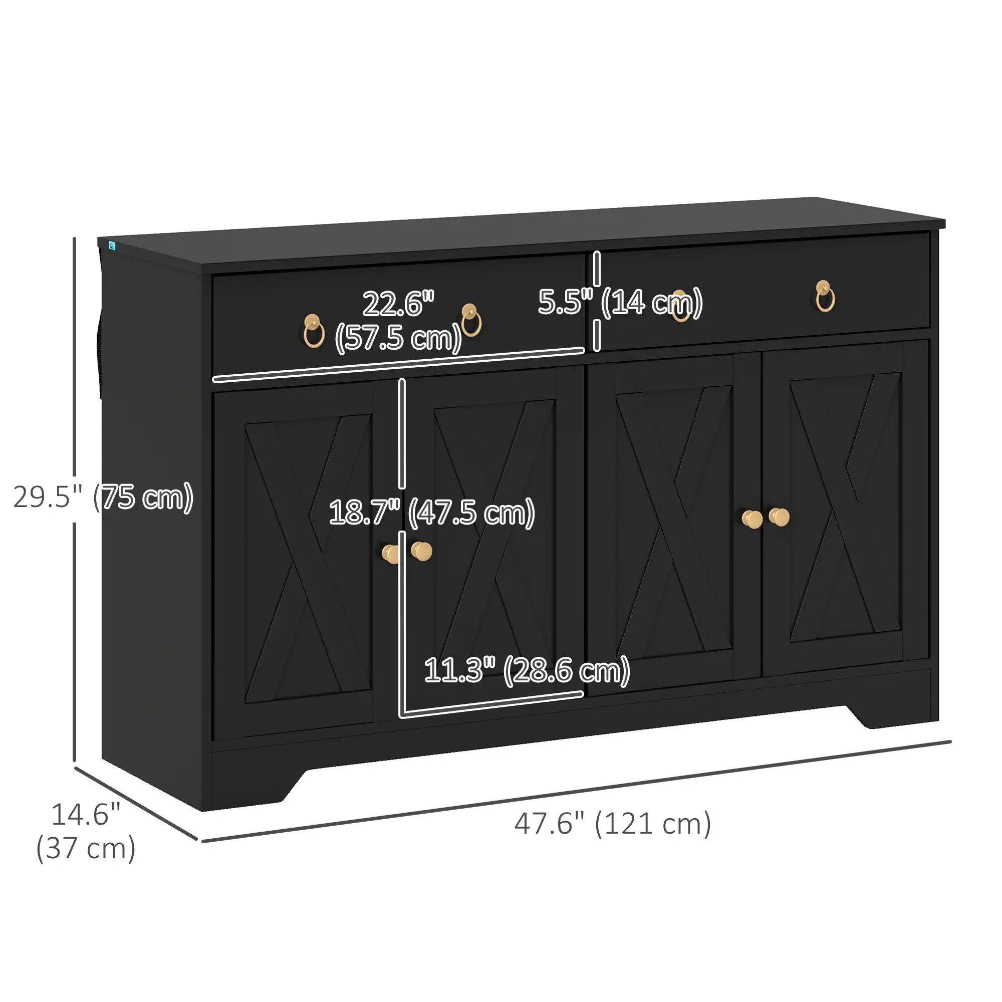 Sideboard Cabinet, 2 Drawers, 4 Barn Doors, 2 Adjustable Shelves, Black - Image 3