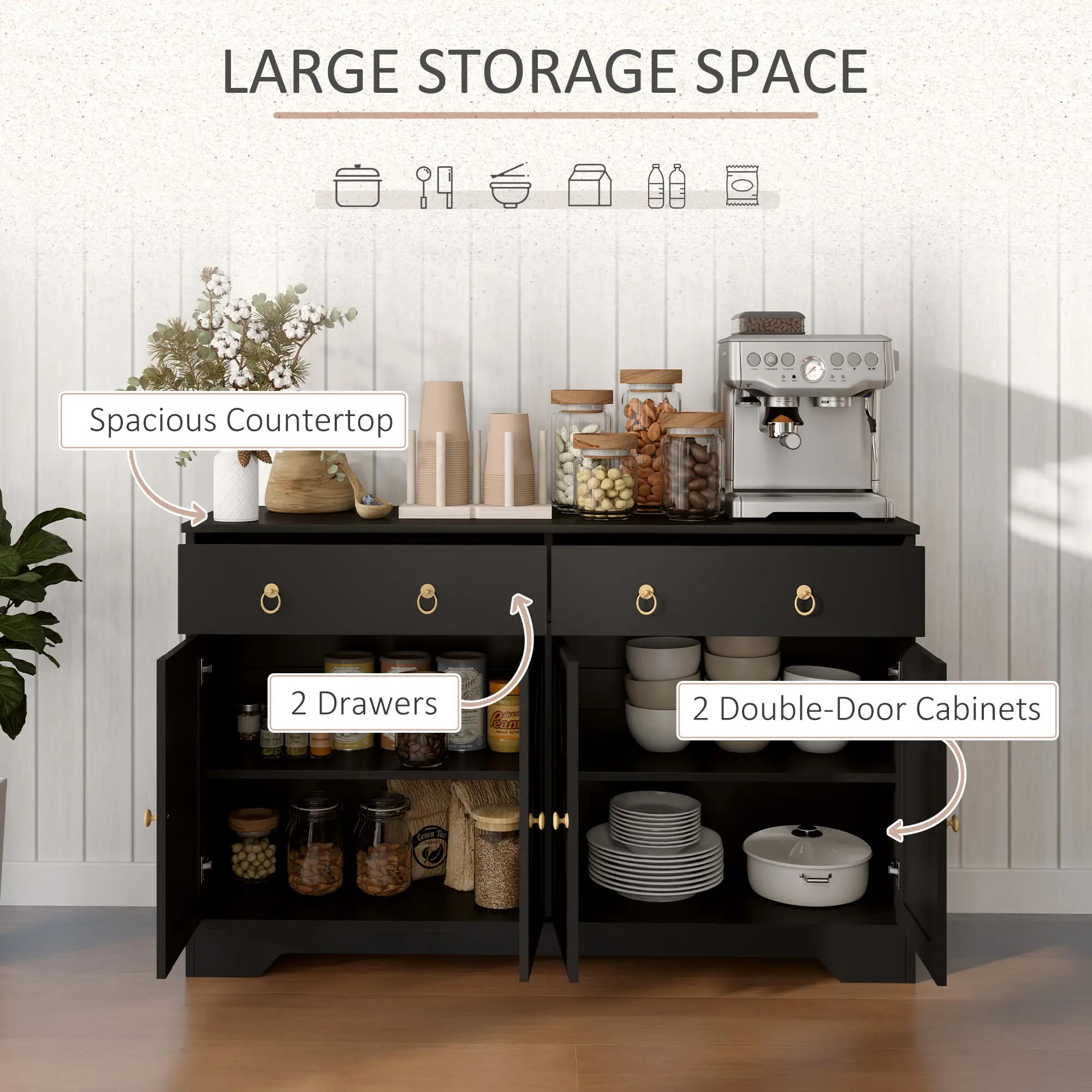 Sideboard Cabinet, 2 Drawers, 4 Barn Doors, 2 Adjustable Shelves, Black - Image 4