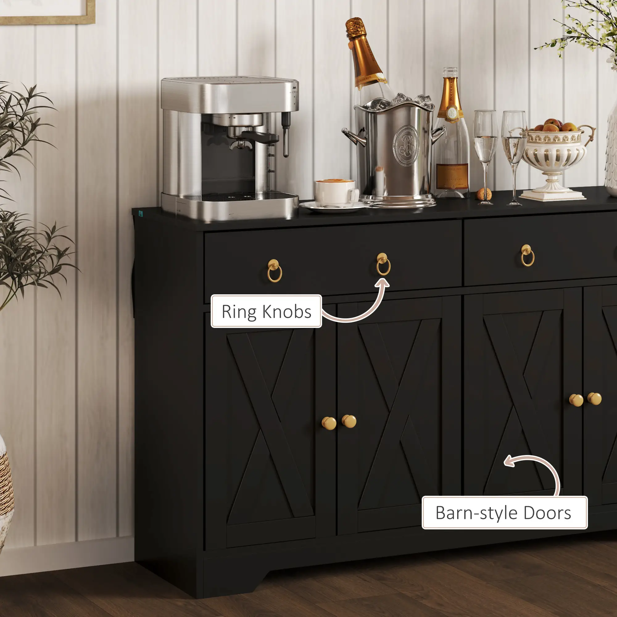 Sideboard Cabinet, 2 Drawers, 4 Barn Doors, 2 Adjustable Shelves, Black - Image 6