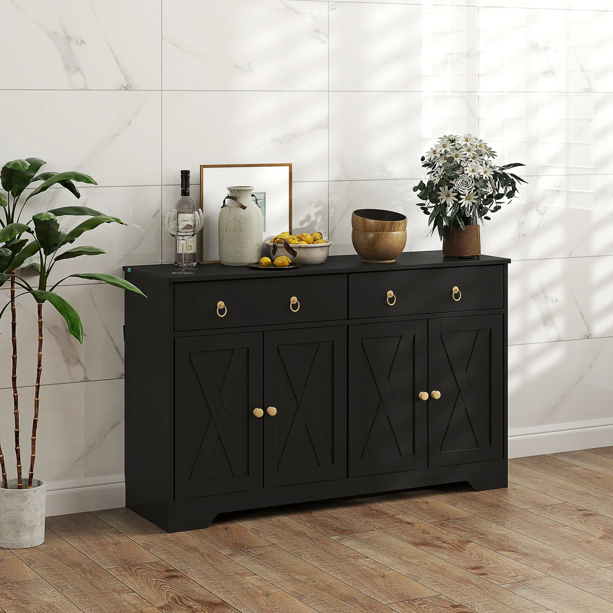 Sideboard Cabinet, 2 Drawers, 4 Barn Doors, 2 Adjustable Shelves, Black - Image 8