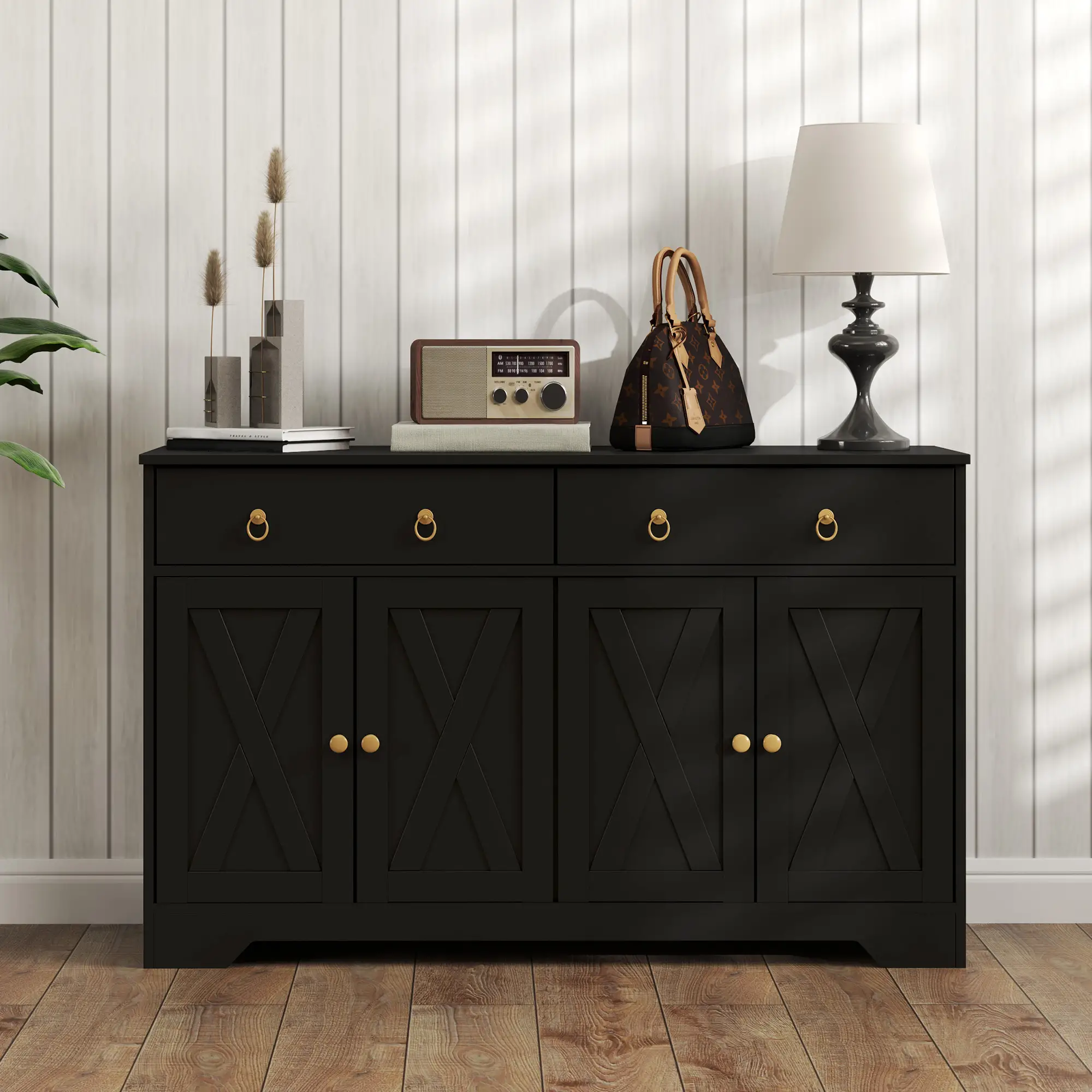 Sideboard Cabinet, 2 Drawers, 4 Barn Doors, 2 Adjustable Shelves, Black - Image 9
