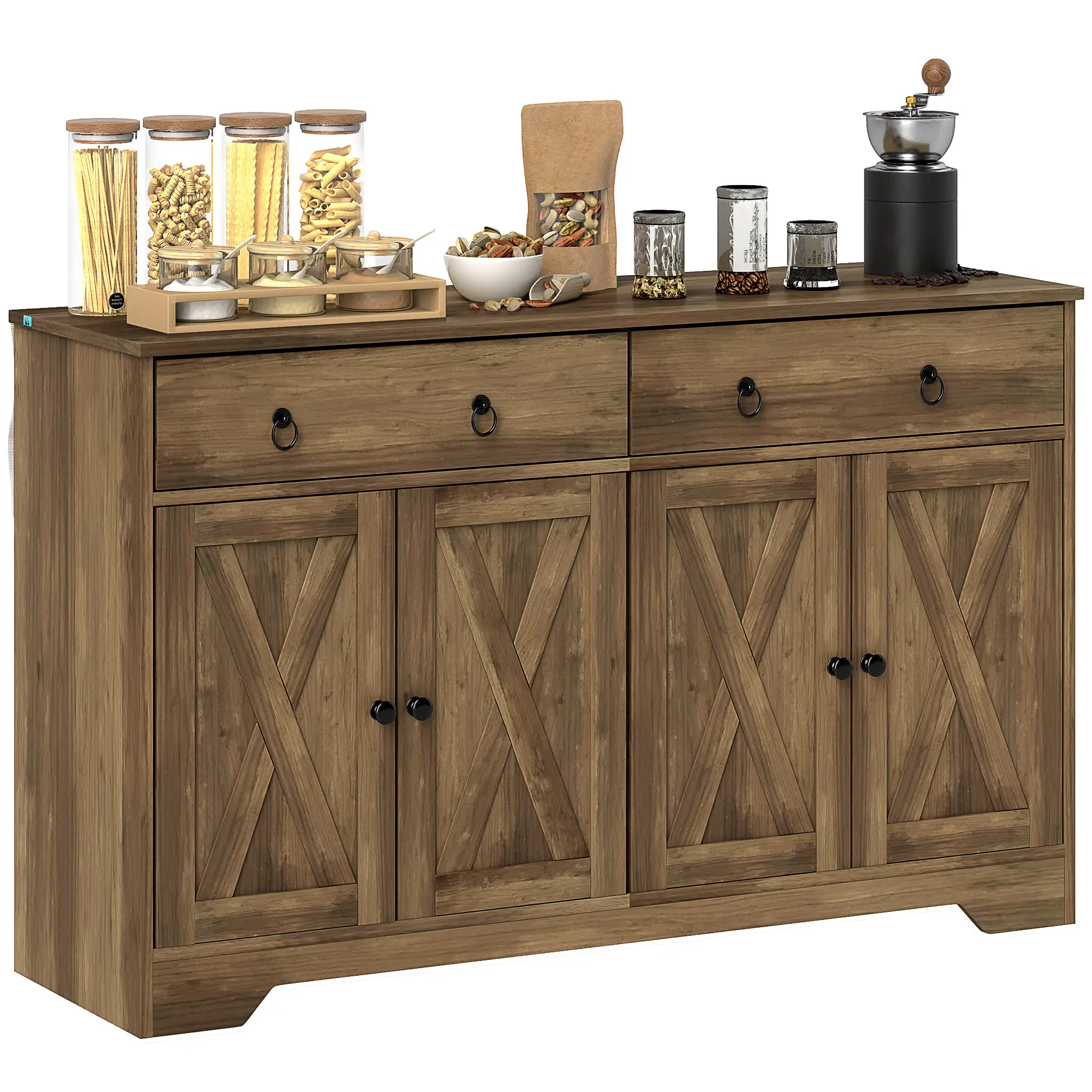 Sideboard Cabinet, 2 Drawers, 4 Barn Doors, 2 Adjustable Shelves, Light Brown